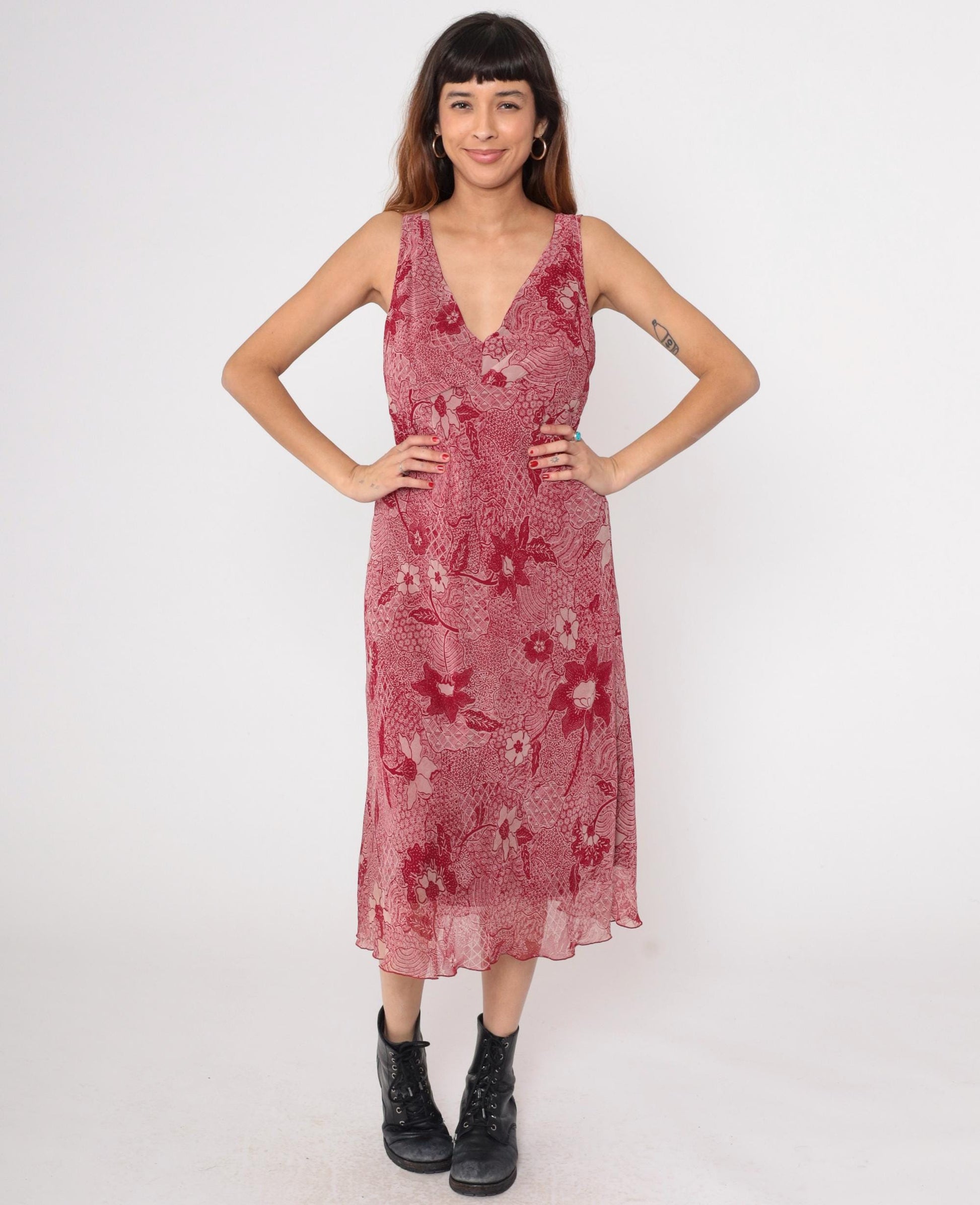 Y2K Red Paisley Midi Dress Sleeveless V Neck Floral Chiffon Medium