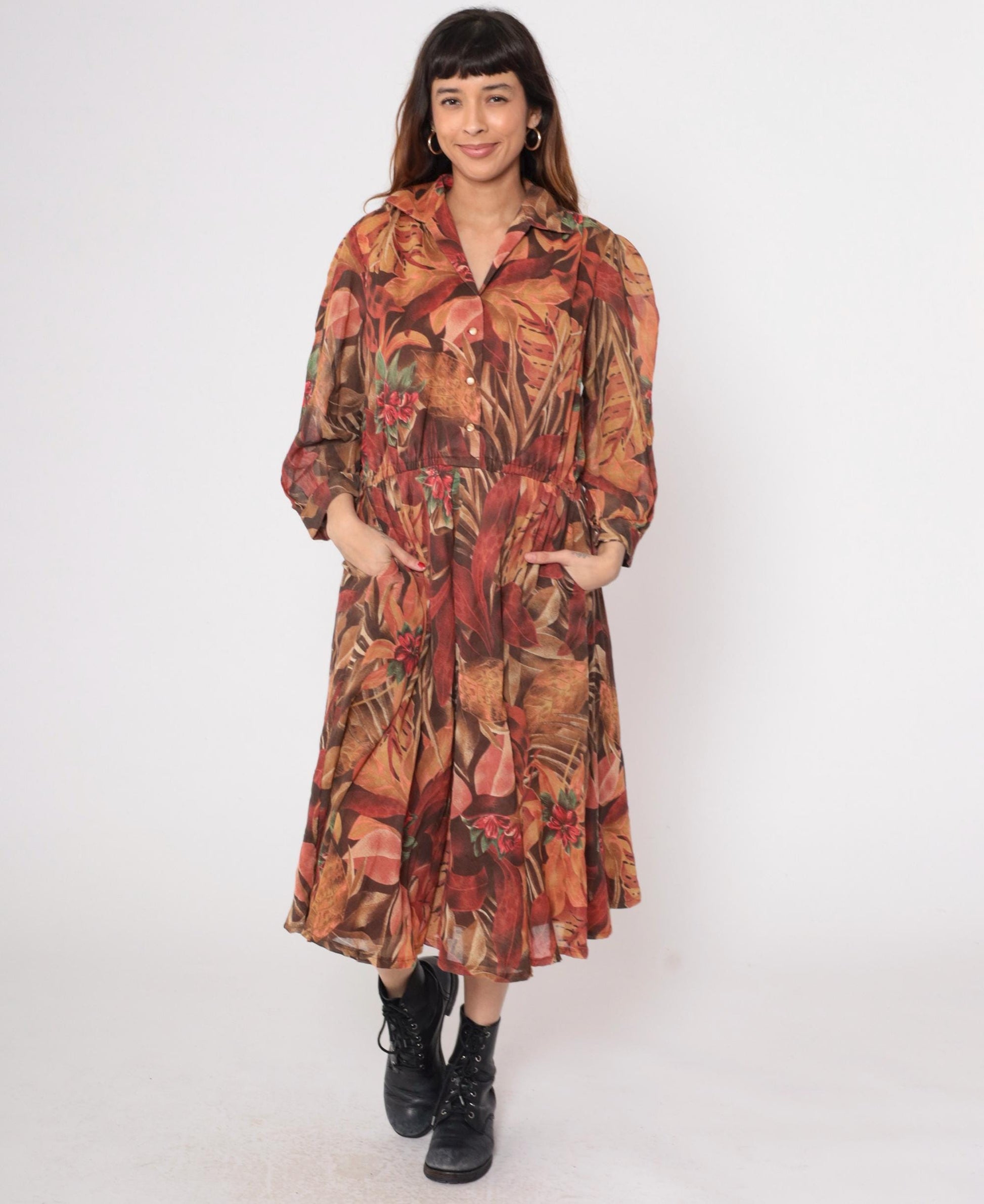 80s Brown Tropical Leaf Midi Dress Button Down Long Sleeve Medium