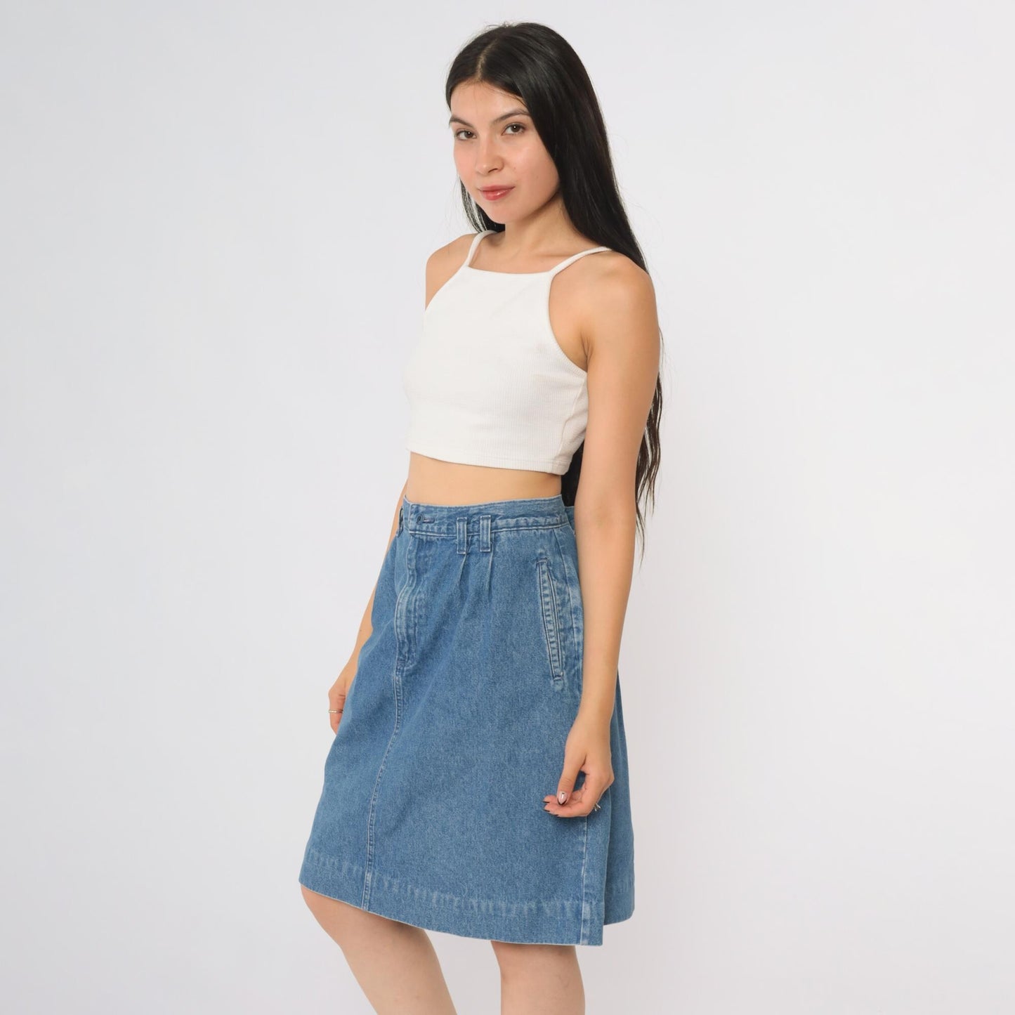 90s Lands End Denim A-Line Midi Skirt High Waist Blue Cotton Large L