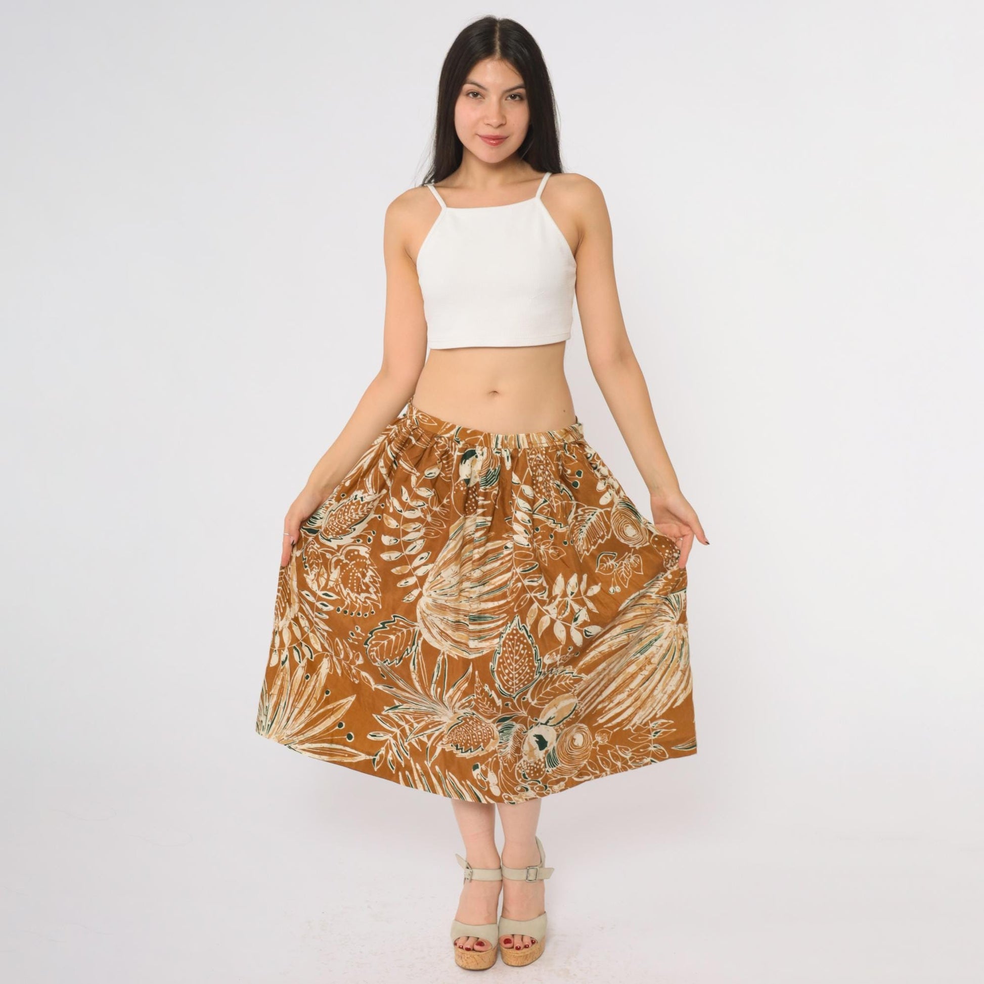 80s Courtwell Tropical Midi Skirt Rust Orange Botanical Print Large