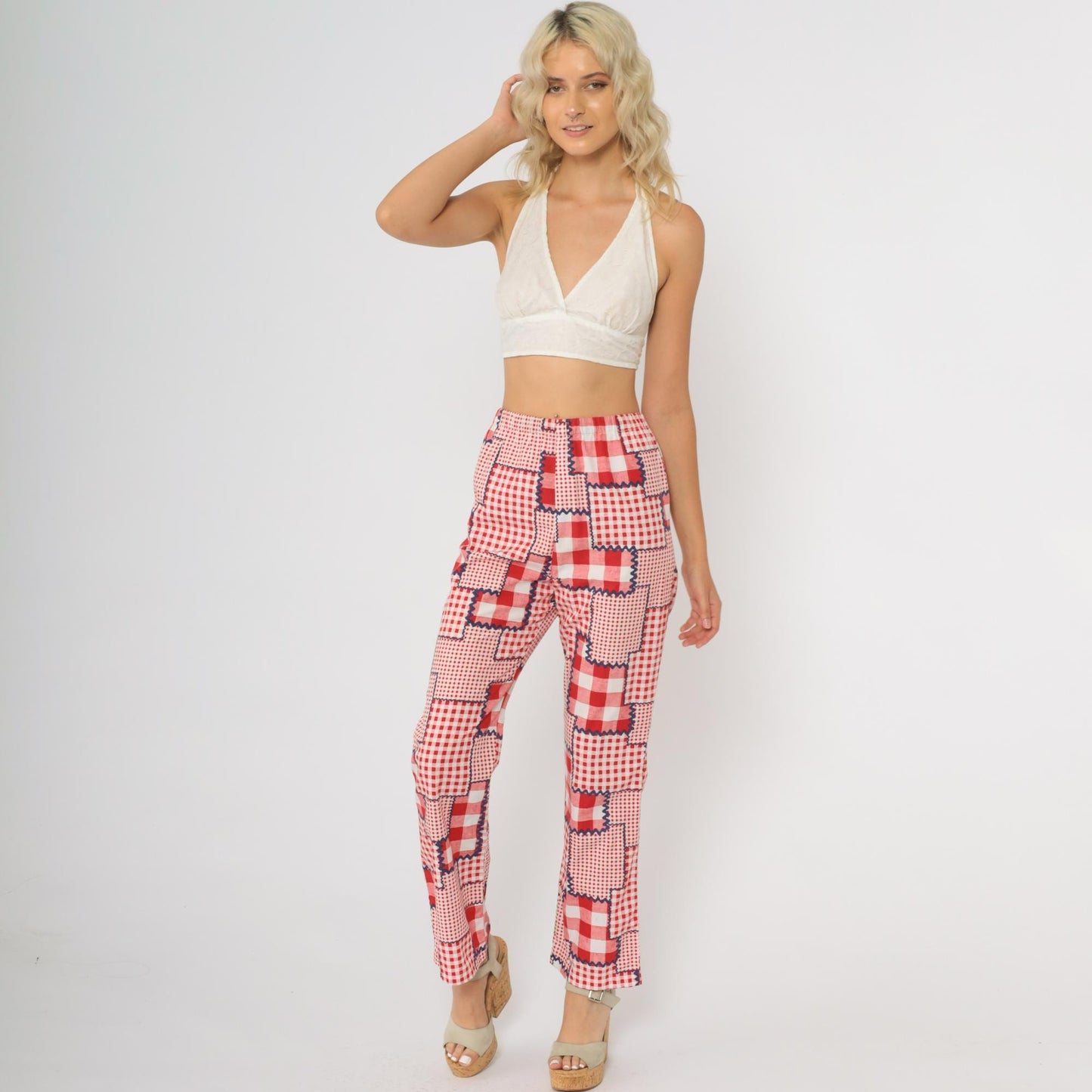70s Patchwork Pants Red Gingham Check High Rise Wide Leg Cotton Extra Small XS