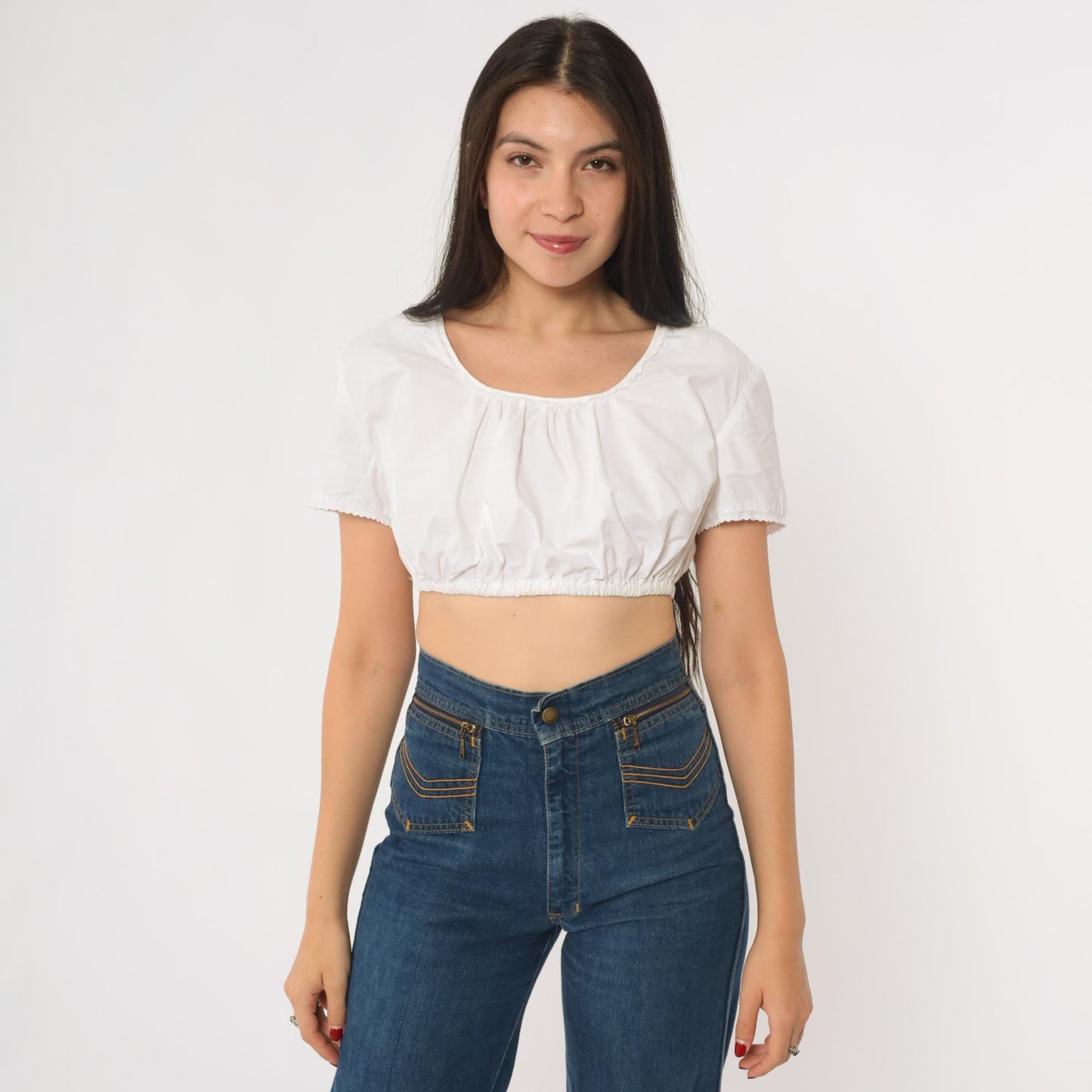 90s White Peasant Crop Top Milkmaid Scoop Neck Blouse Extra Small