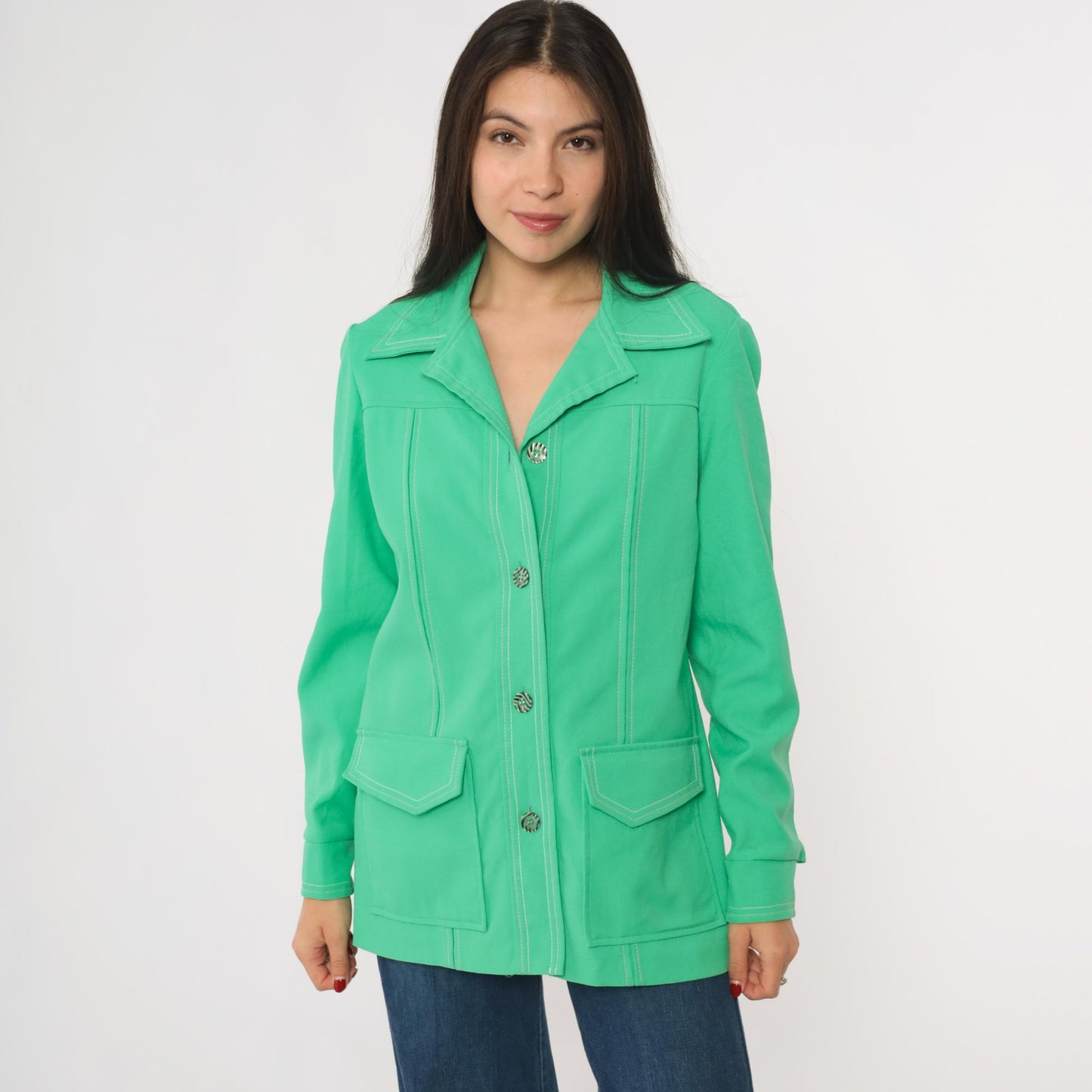 70s Bright Green Shacket Button-Up Shirt Jacket Long Sleeve Small S