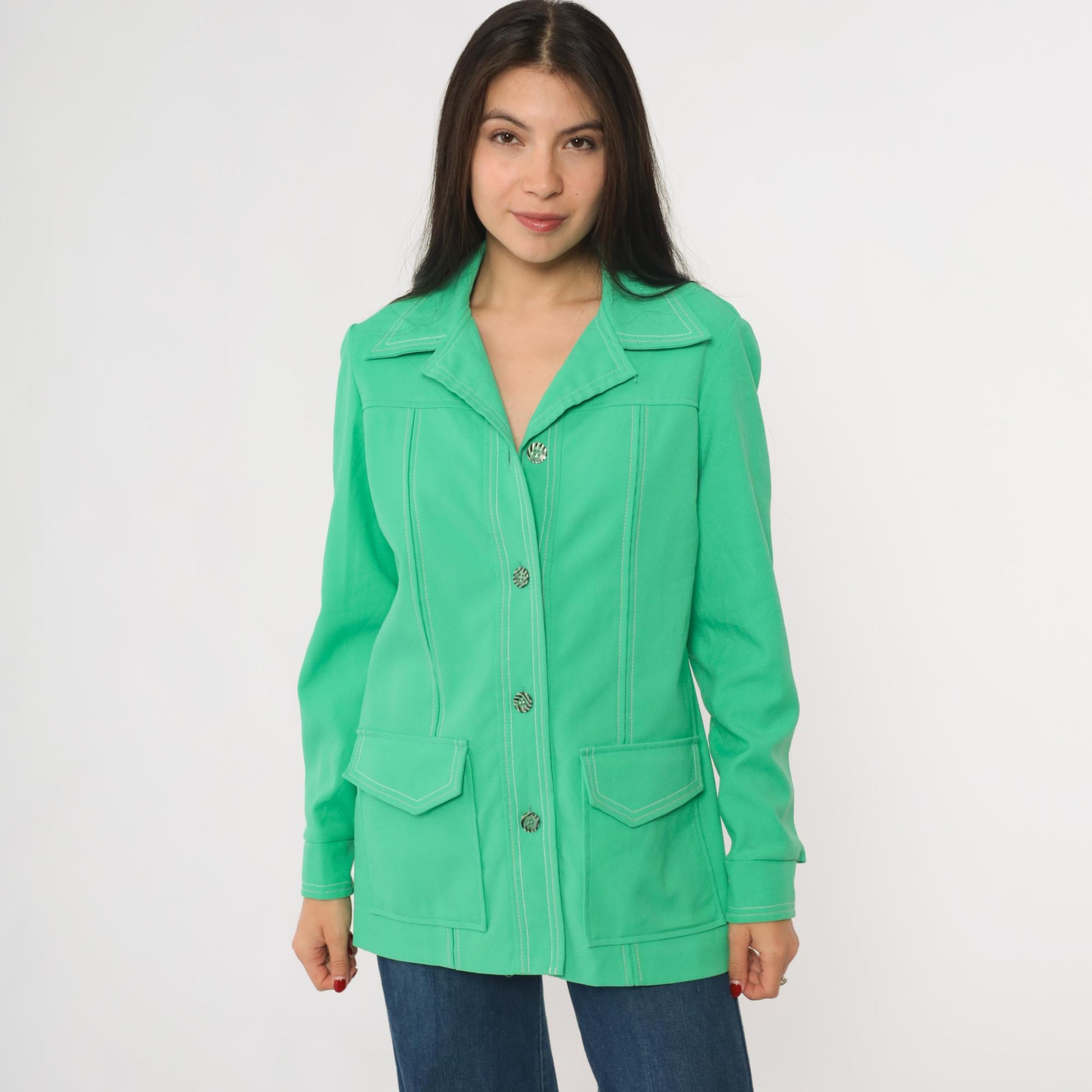 70s Bright Green Shacket Button-Up Shirt Jacket Long Sleeve Small S