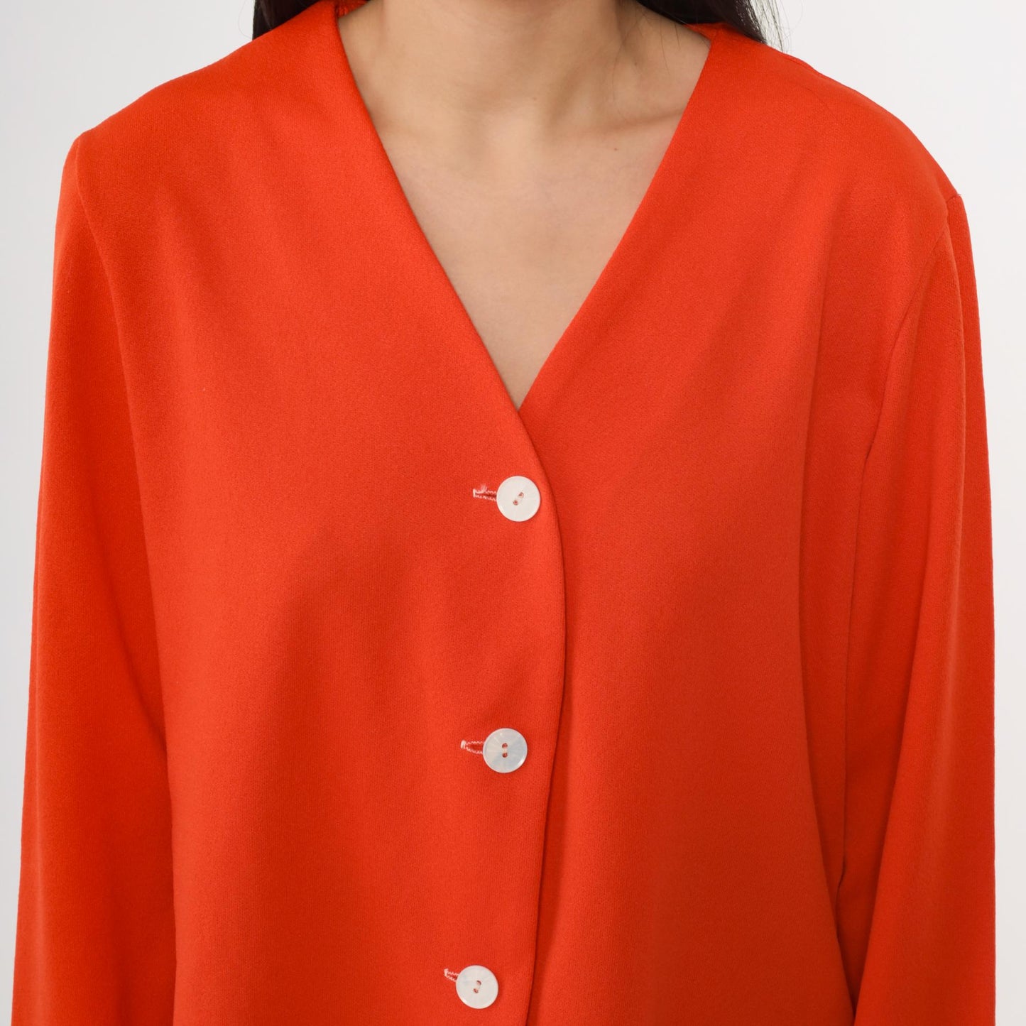 70s Orange V-Neck Button-Up Blouse Long Sleeve Polyester Shirt Medium