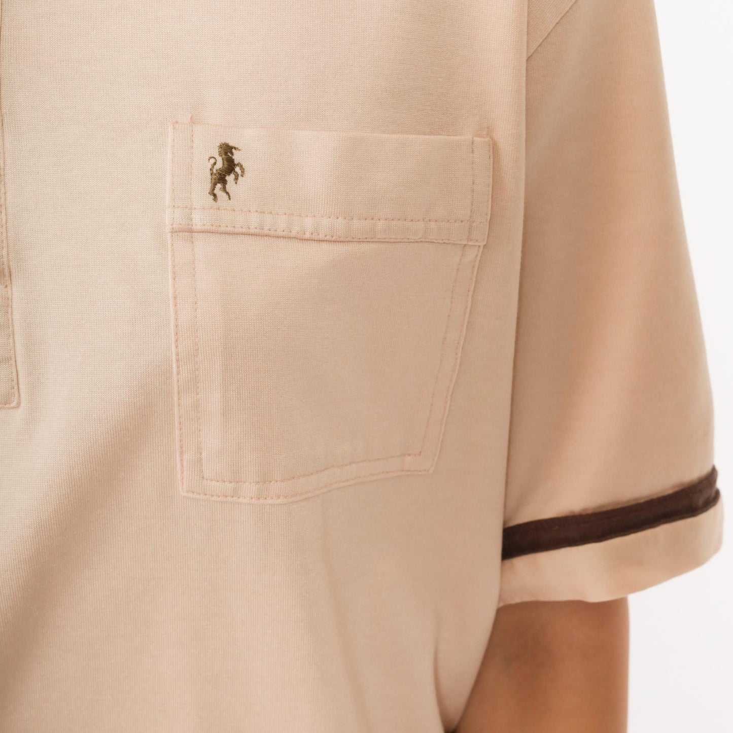 80s Bronzini Beige Polo Shirt Unicorn Emblem Epaulet Medium Tall