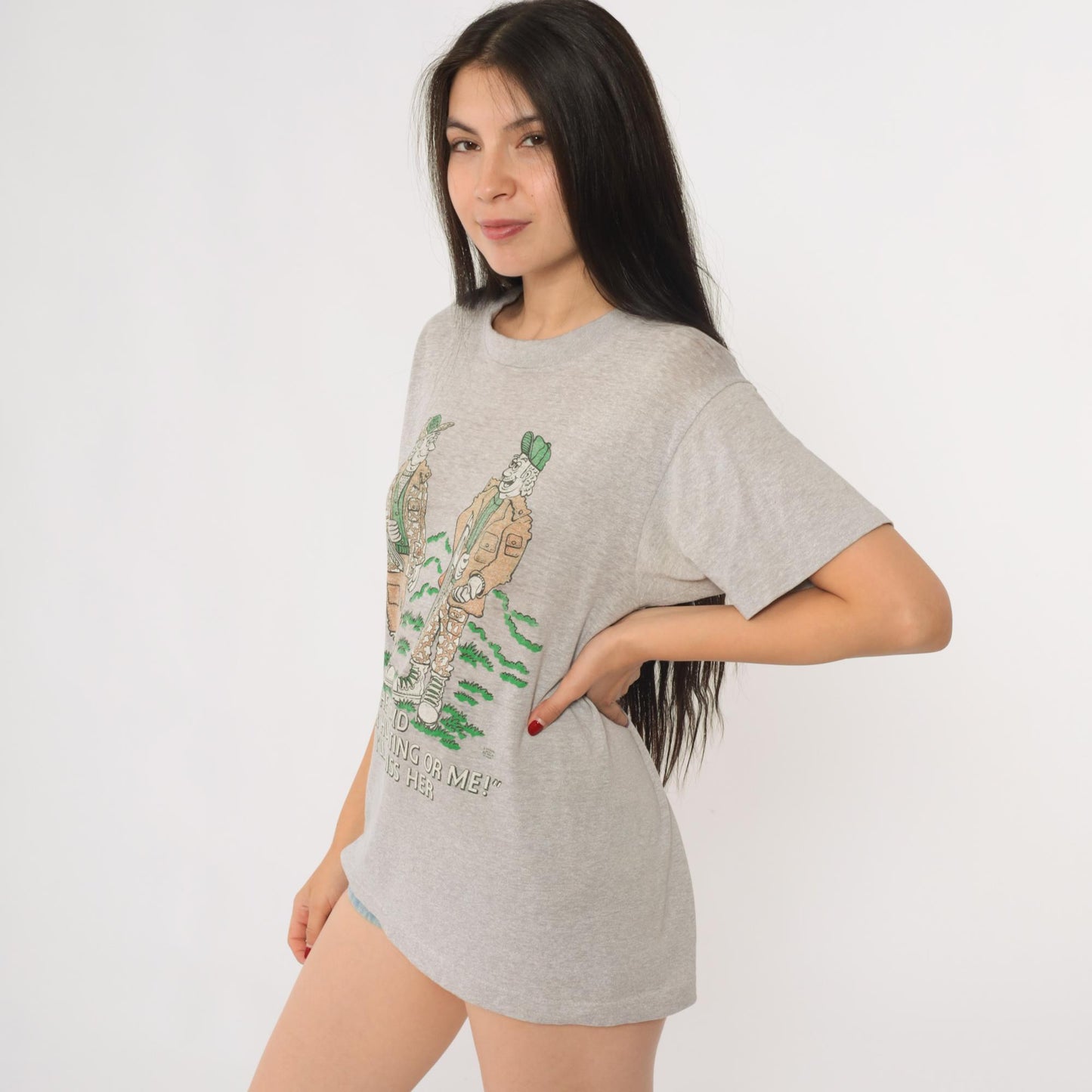80s Hunting Joke Graphic T-Shirt Screen Stars Cartoon Tee Grey Medium