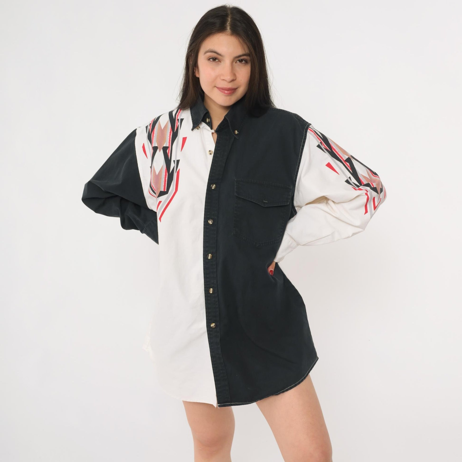 90s Southwestern Color Block Western Button Up Shirt Black White Extra Large