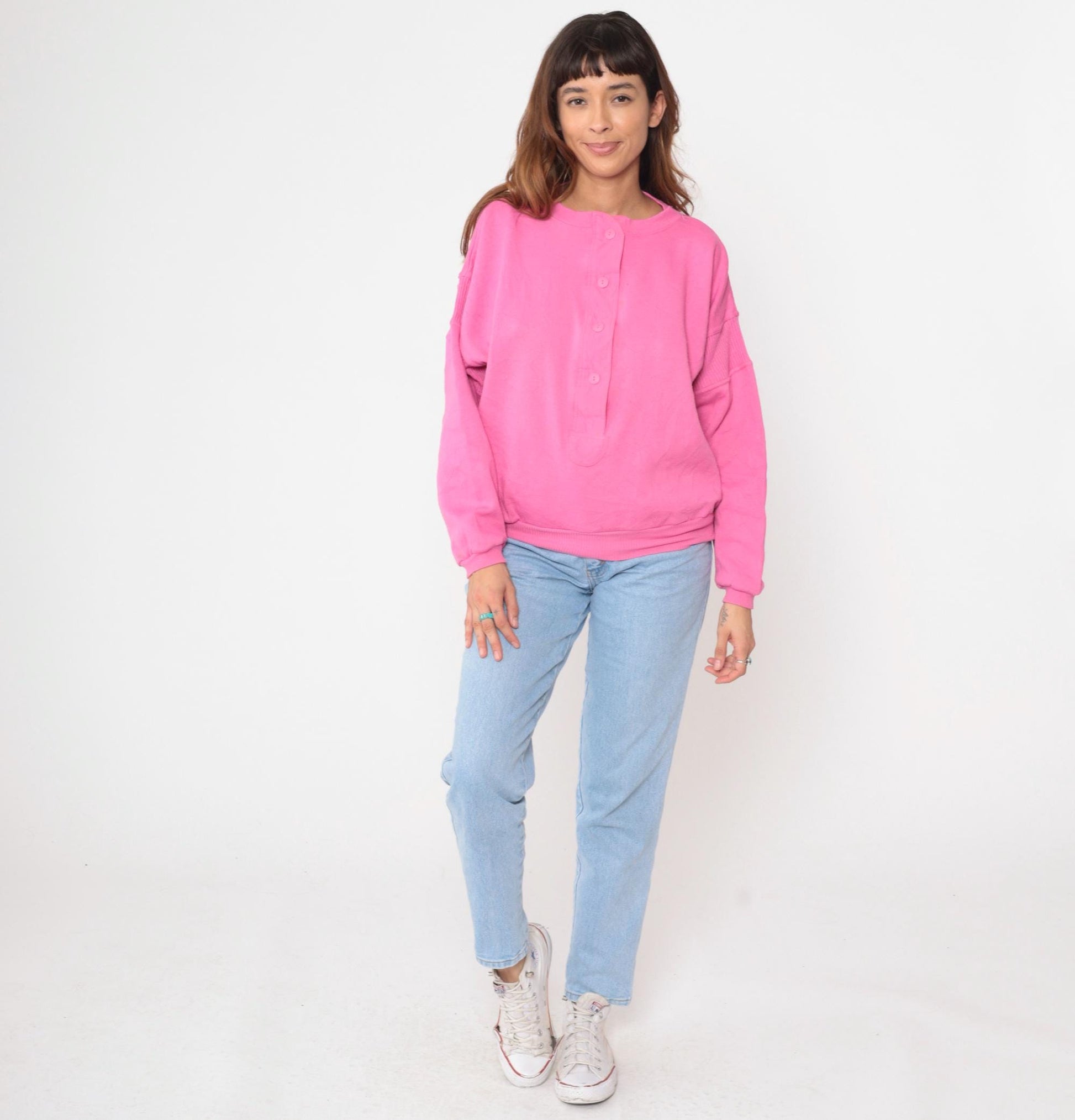 90s Pink Henley Button Neck Sweatshirt Ribbed Cuffs Medium M