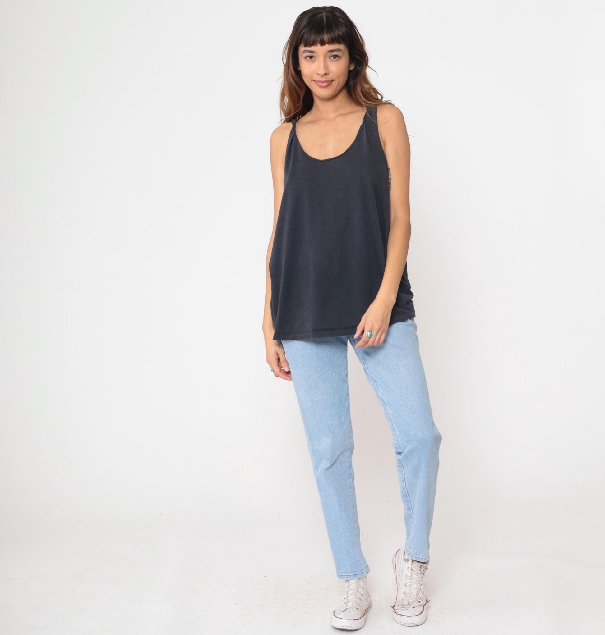 90s Black Fruit of the Loom Tank Top Low Armhole Scoop Neck Medium Large