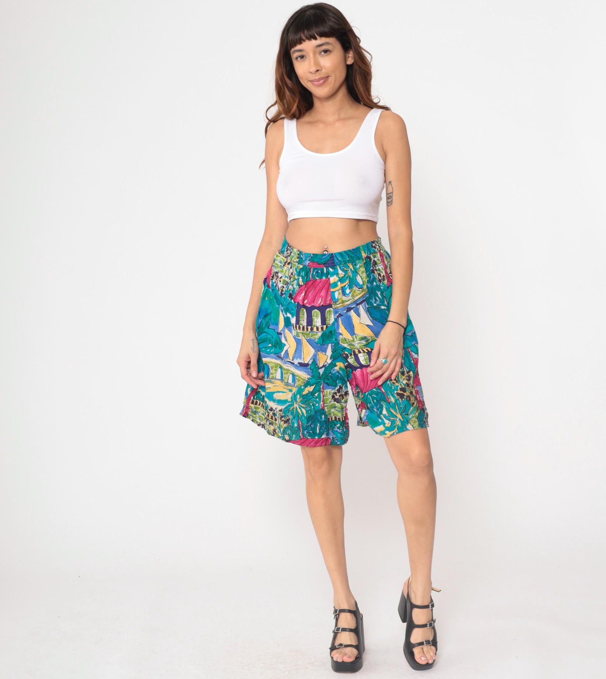 90s Laurel Sport Tropical Shorts Sailboat Palm Tree Print High Waist Small S