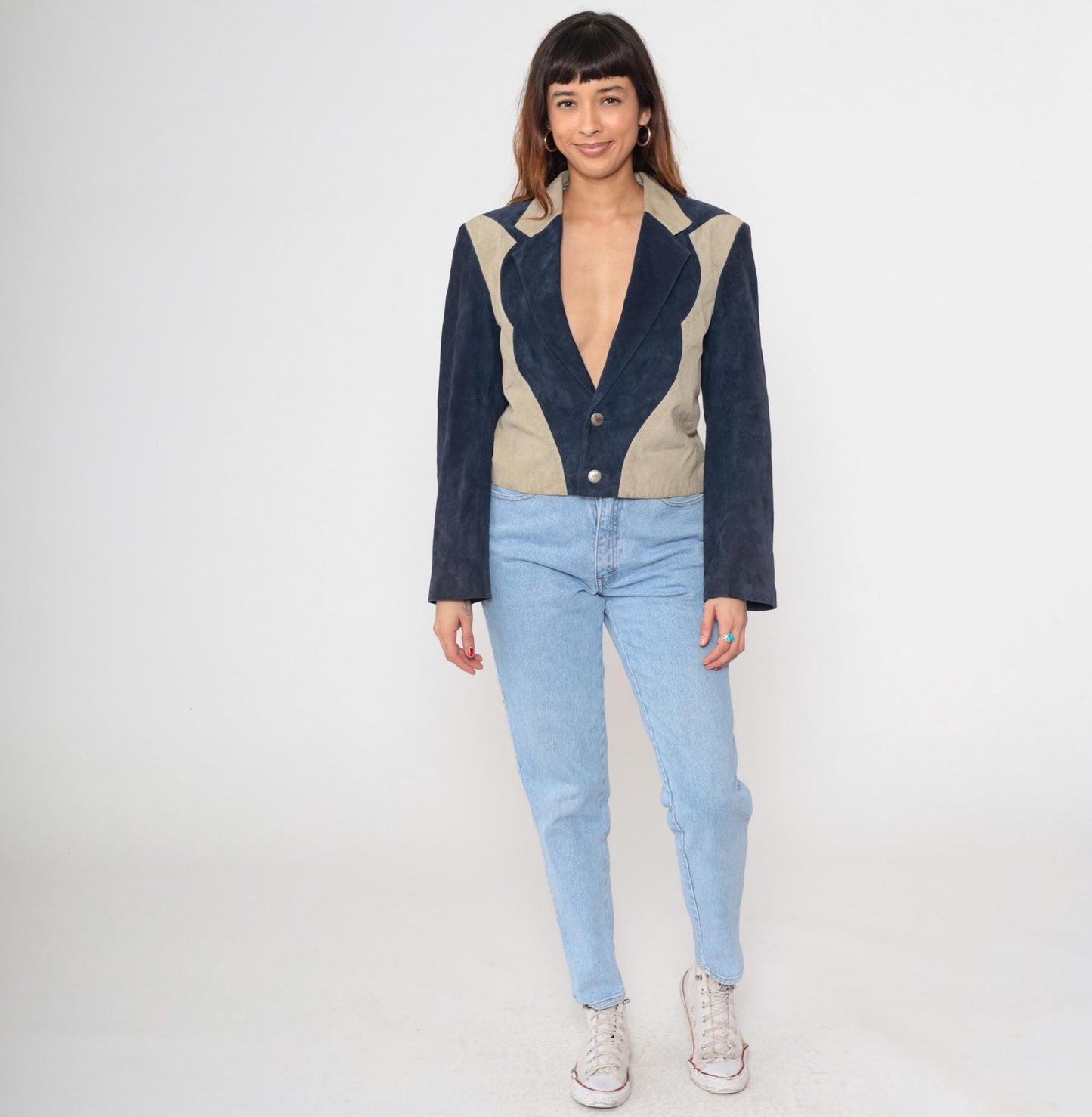 90s Scully Western Blazer Navy Beige Genuine Leather Jacket Medium M