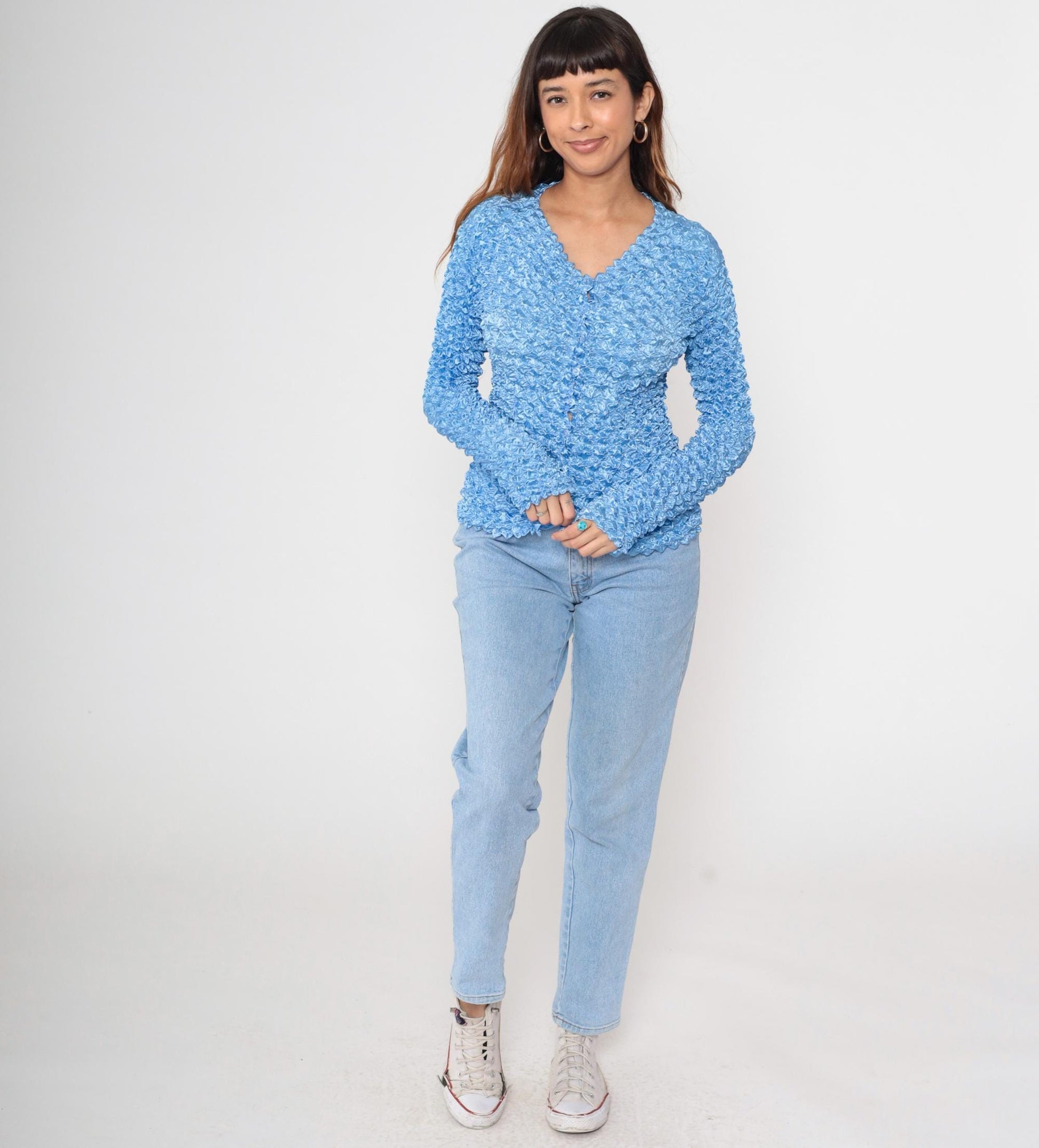Y2K Light Blue Popcorn Cardigan Bubble Knit Button-Up Small