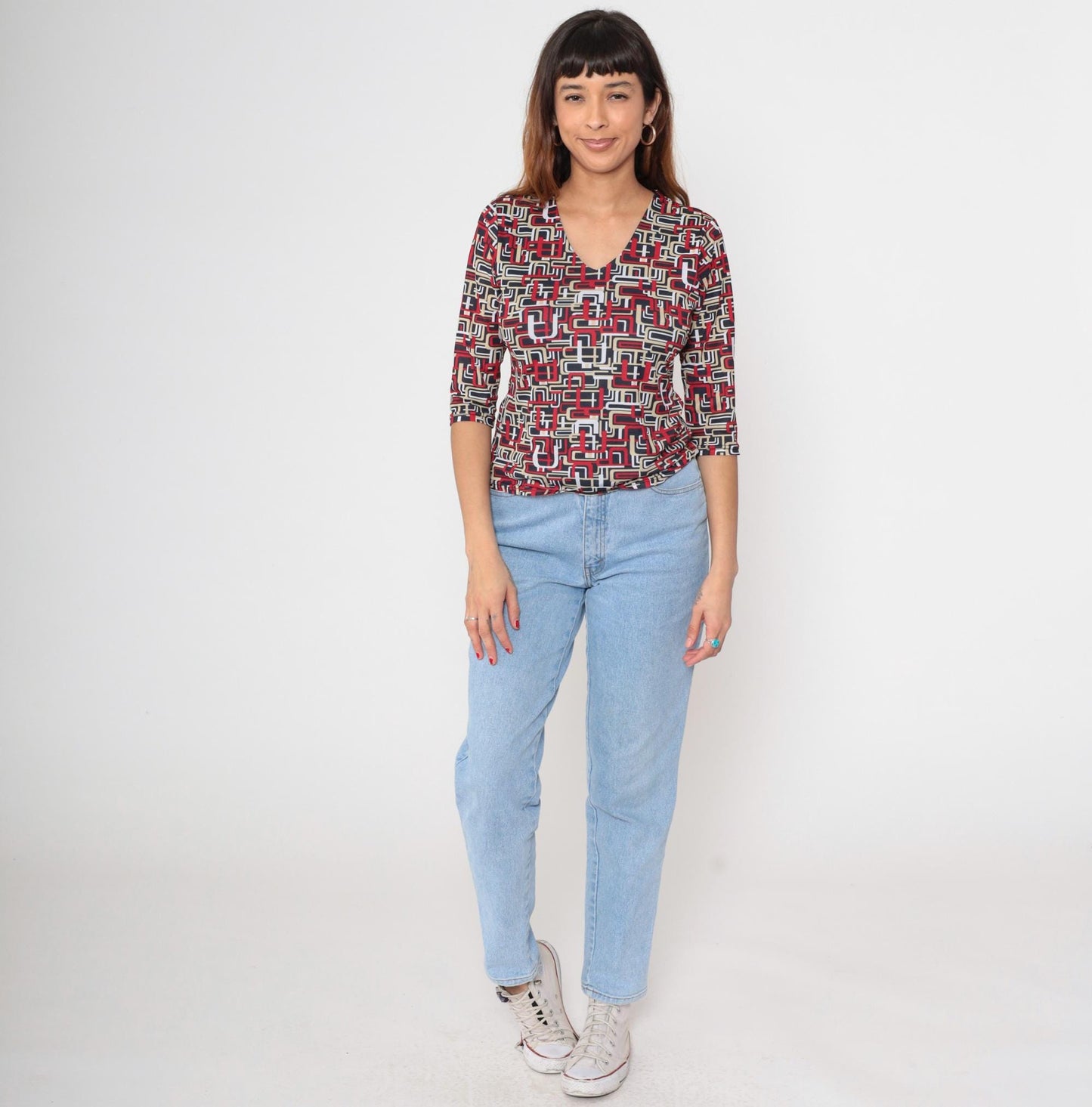 Y2K Erena Petite Geometric Abstract V-Neck Blouse Red Black White Small S