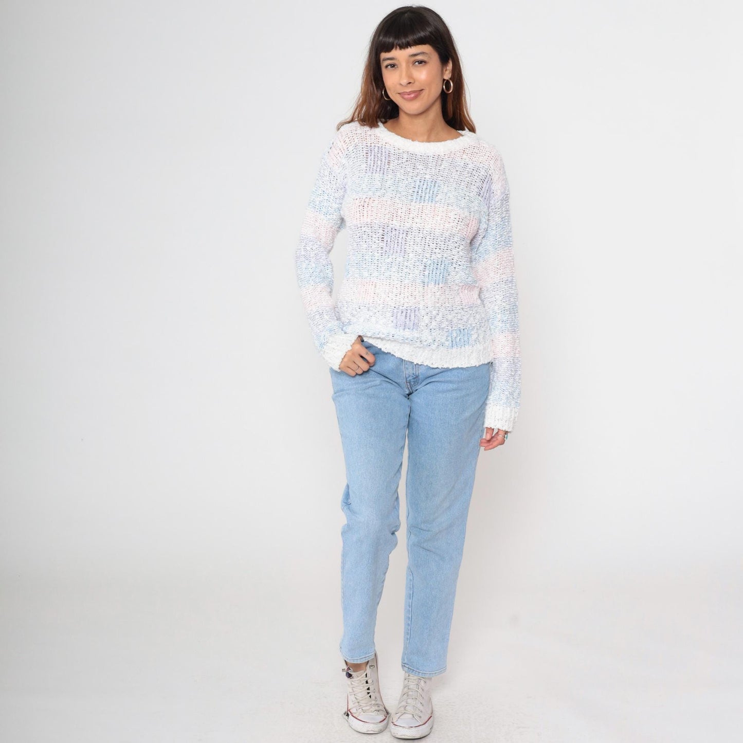 80s Striped Popcorn Knit Sweater Baby Pink Blue Purple Puff Sleeve Small