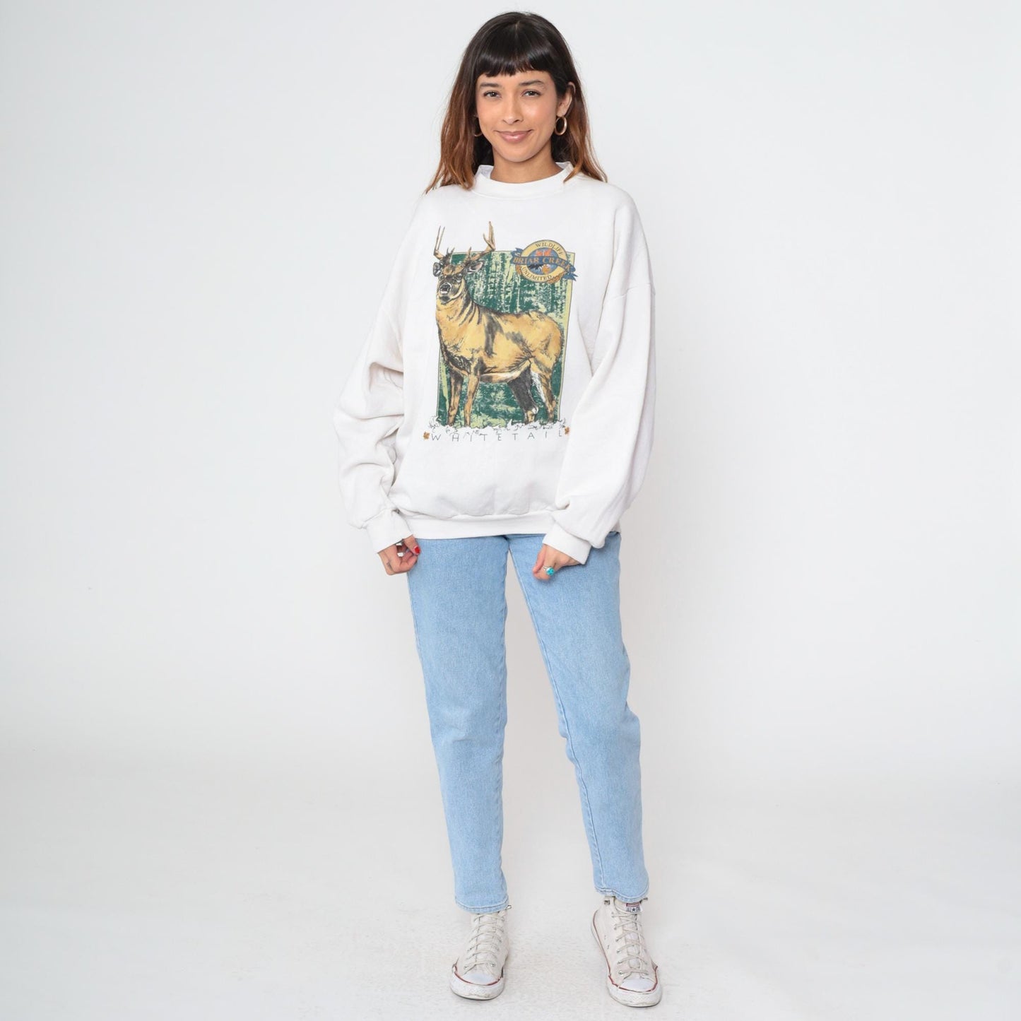 90s White Tail Deer Graphic Sweatshirt Off White Crewneck Pullover Extra Large