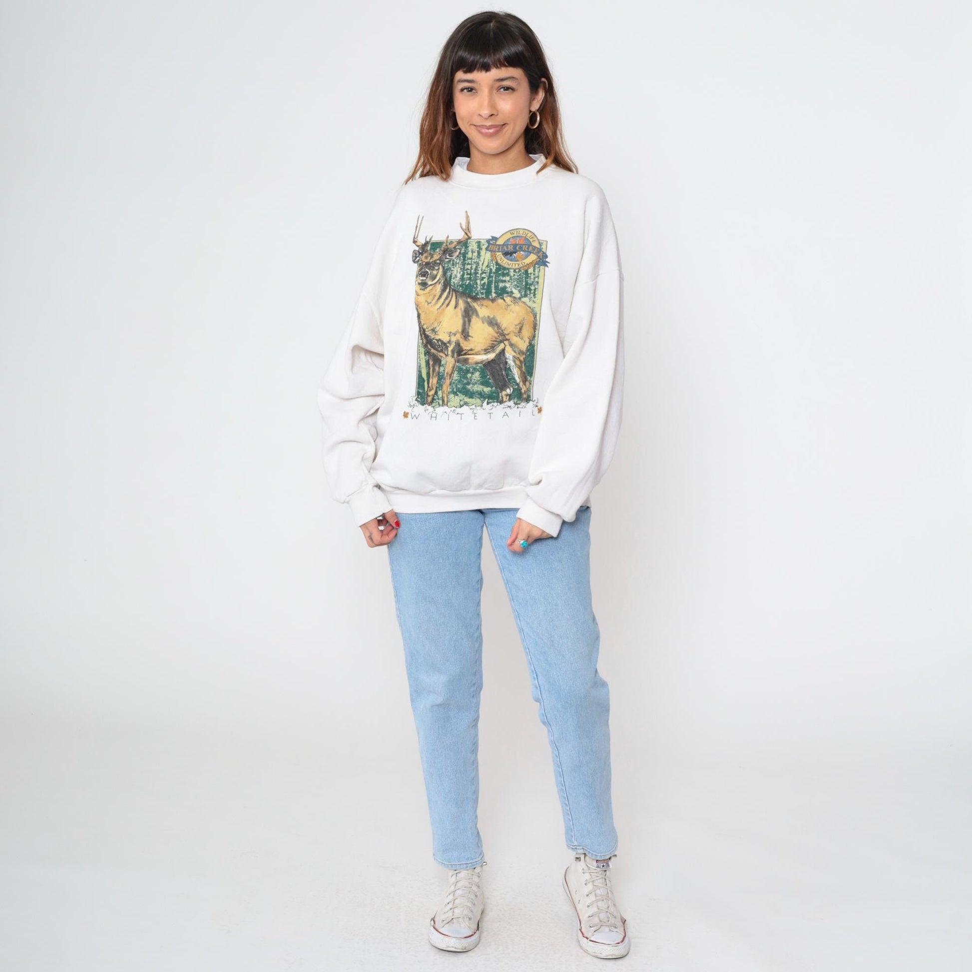 90s White Tail Deer Graphic Sweatshirt Off White Crewneck Pullover Extra Large