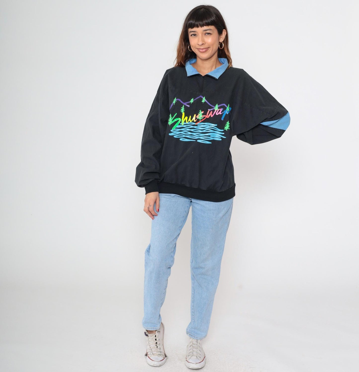 90s Shuswap Mountain Pullover Quarter Zip Black Colorblock Cotton Large