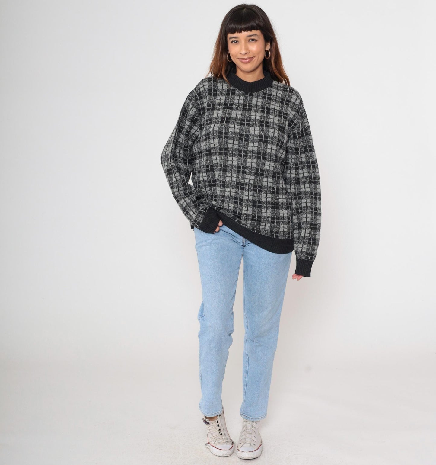 90s Belvedere Checkered Wool Sweater Black White Grey Crewneck Medium