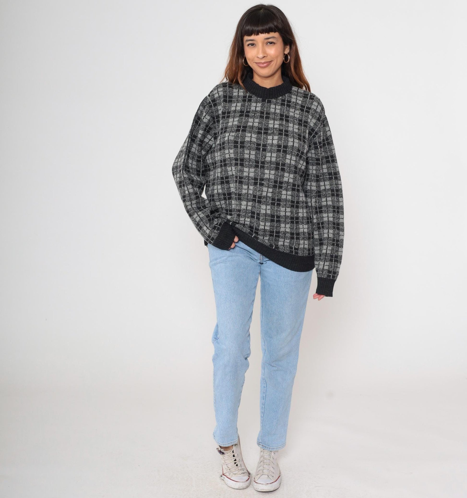 90s Belvedere Checkered Wool Sweater Black White Grey Crewneck Medium
