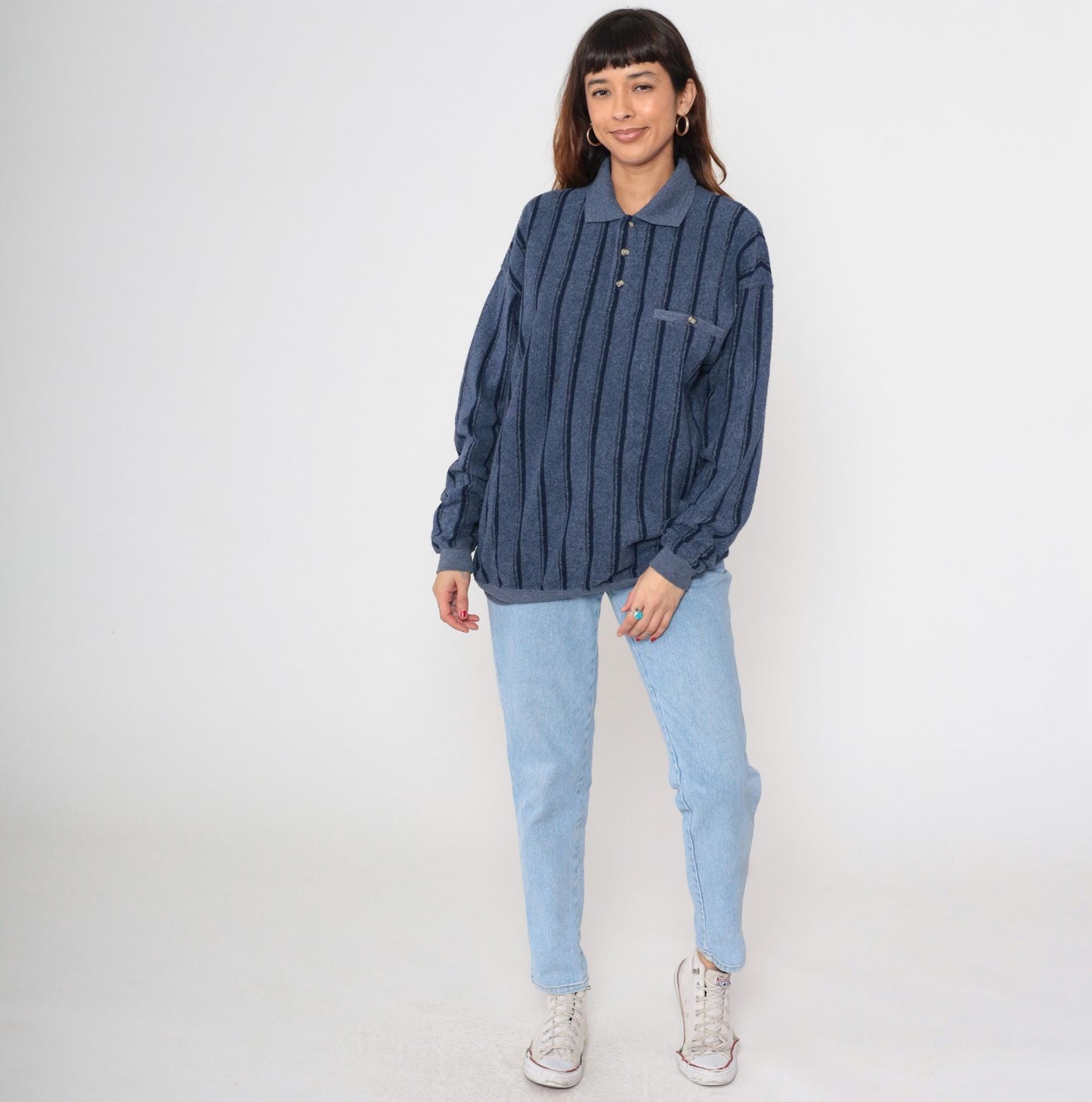 90s Navy Striped Henley Knit Sweater Button-Up Crewneck Large L
