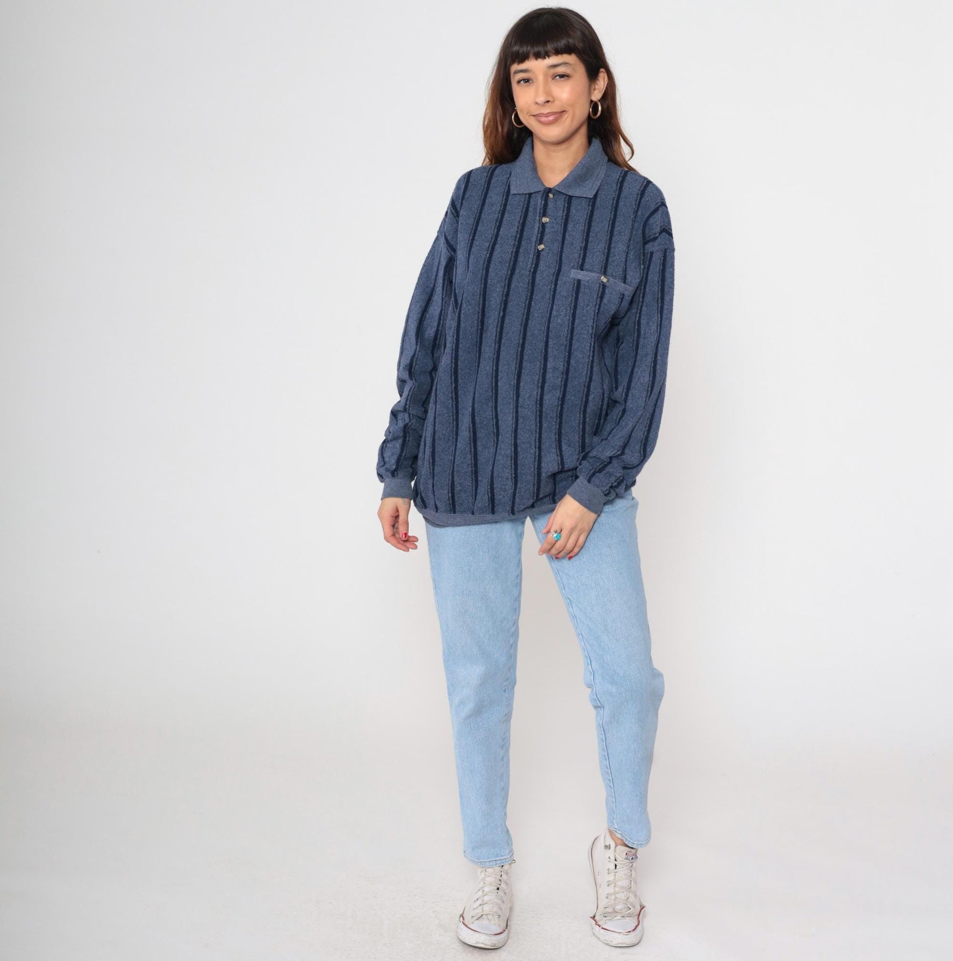 90s Navy Striped Henley Knit Sweater Button-Up Crewneck Large L