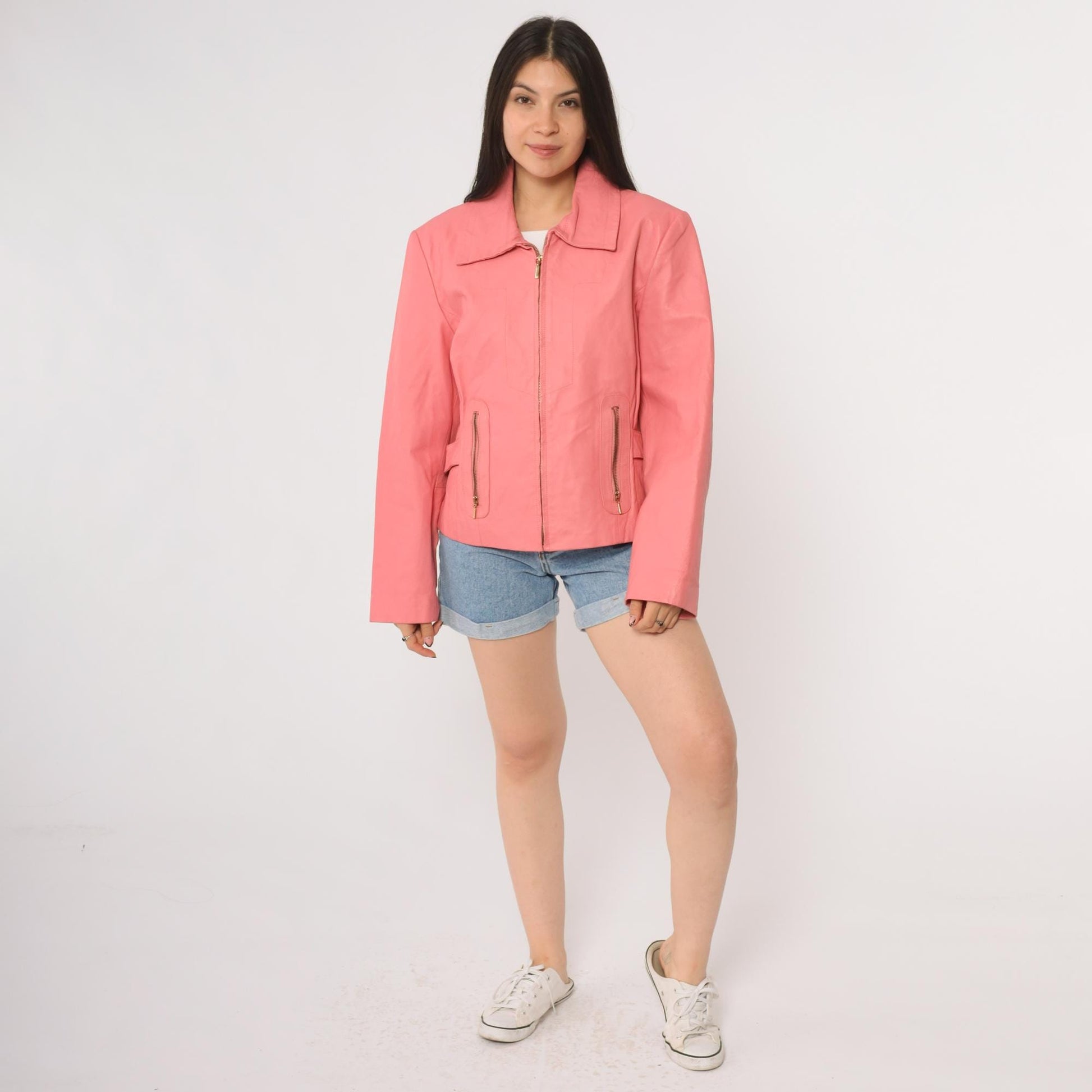 Y2K Pink Leather Moto Jacket Pamela McCoy Collections Zip Front Large L