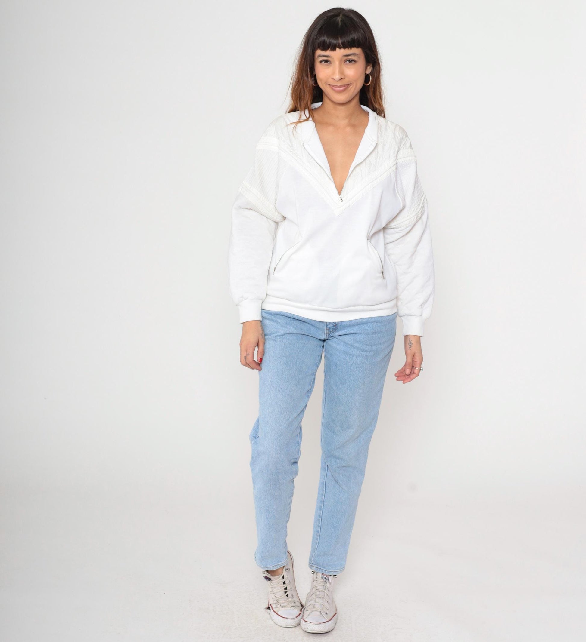 80s Marcy n Me White Quilted Zip Jacket Diamond Pattern Medium