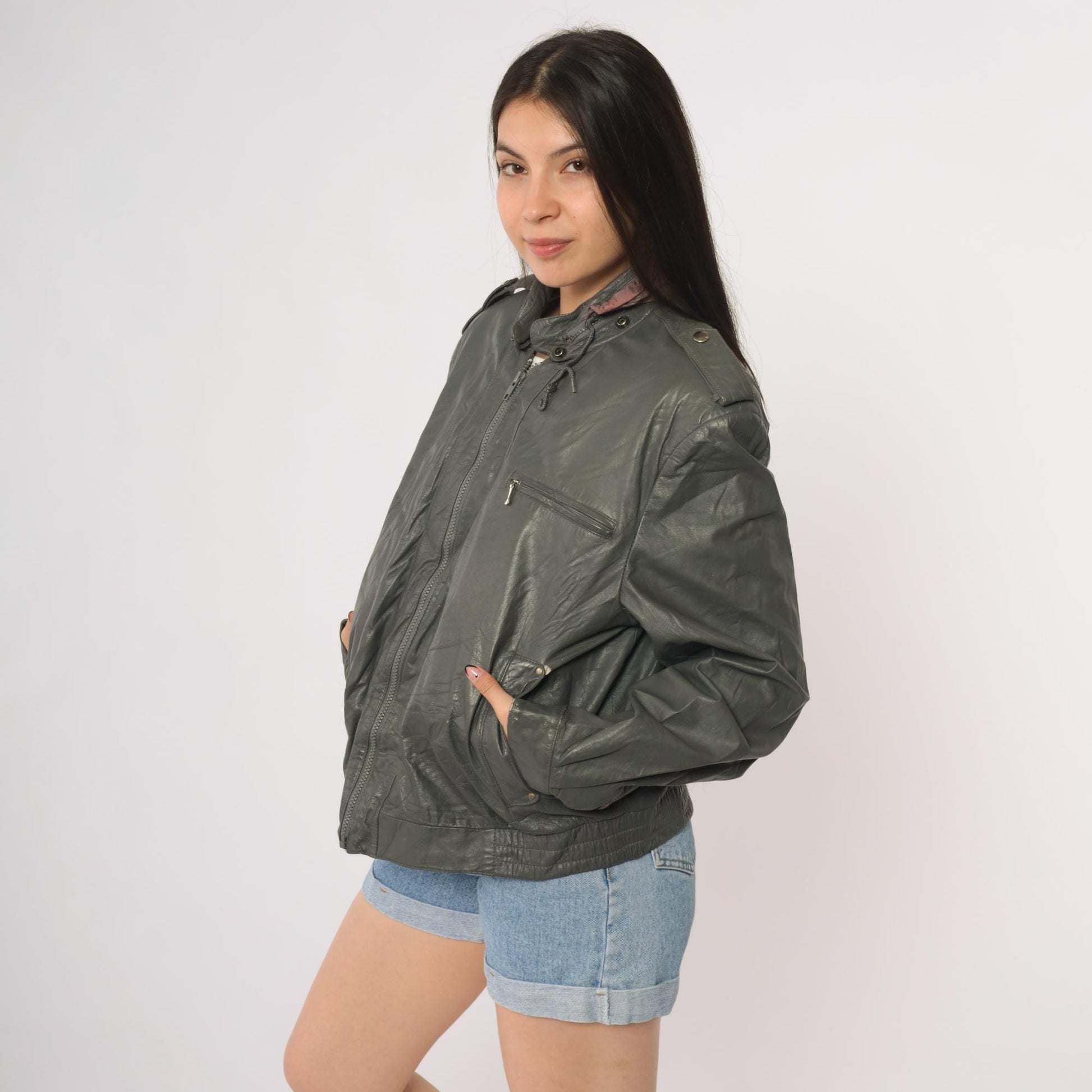 80s Oui International Leather Moto Jacket Deep Green Zip Epaulettes Large