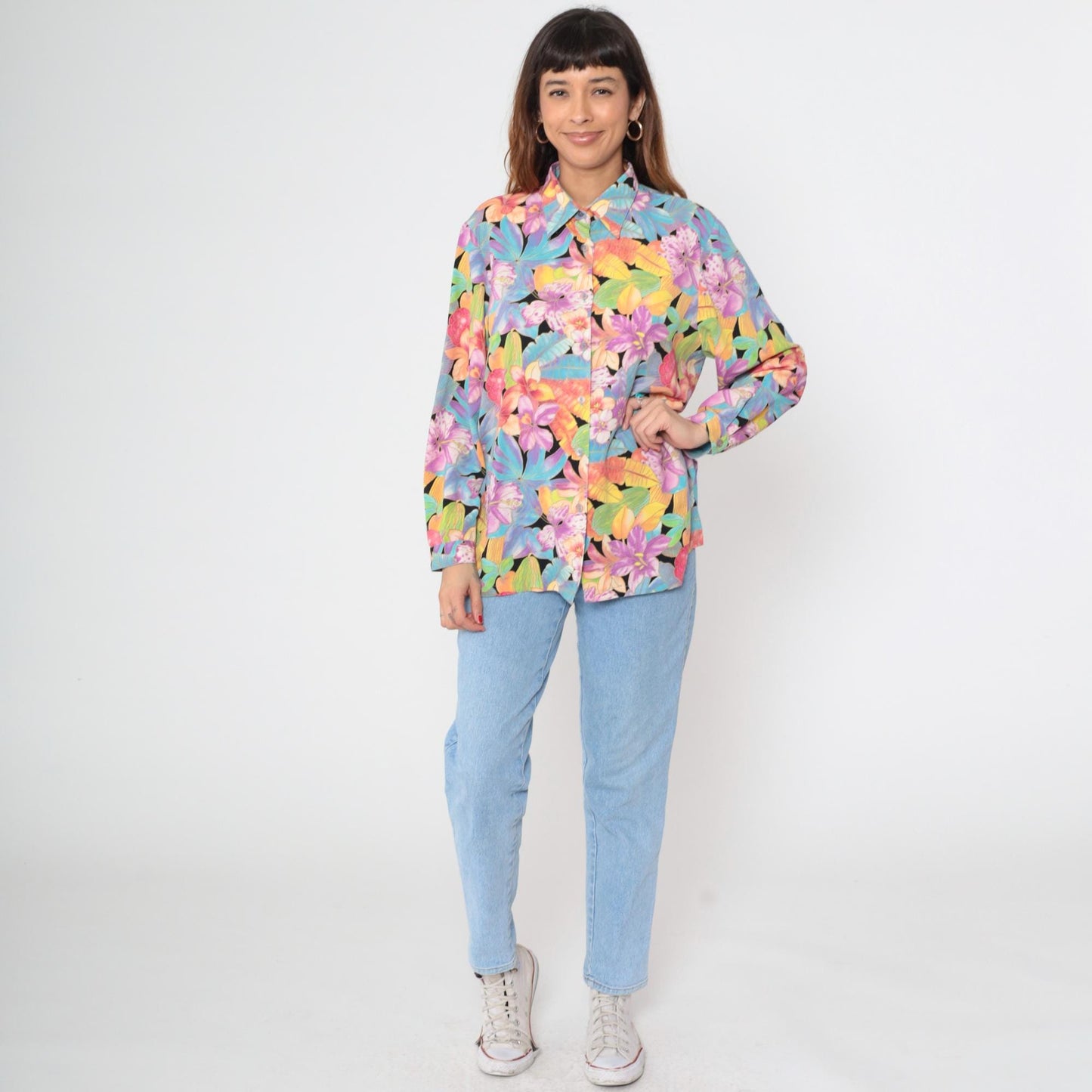 90s Tropical Floral Button Up Blouse Purple Hibiscus Black Rayon Long Sleeve Large