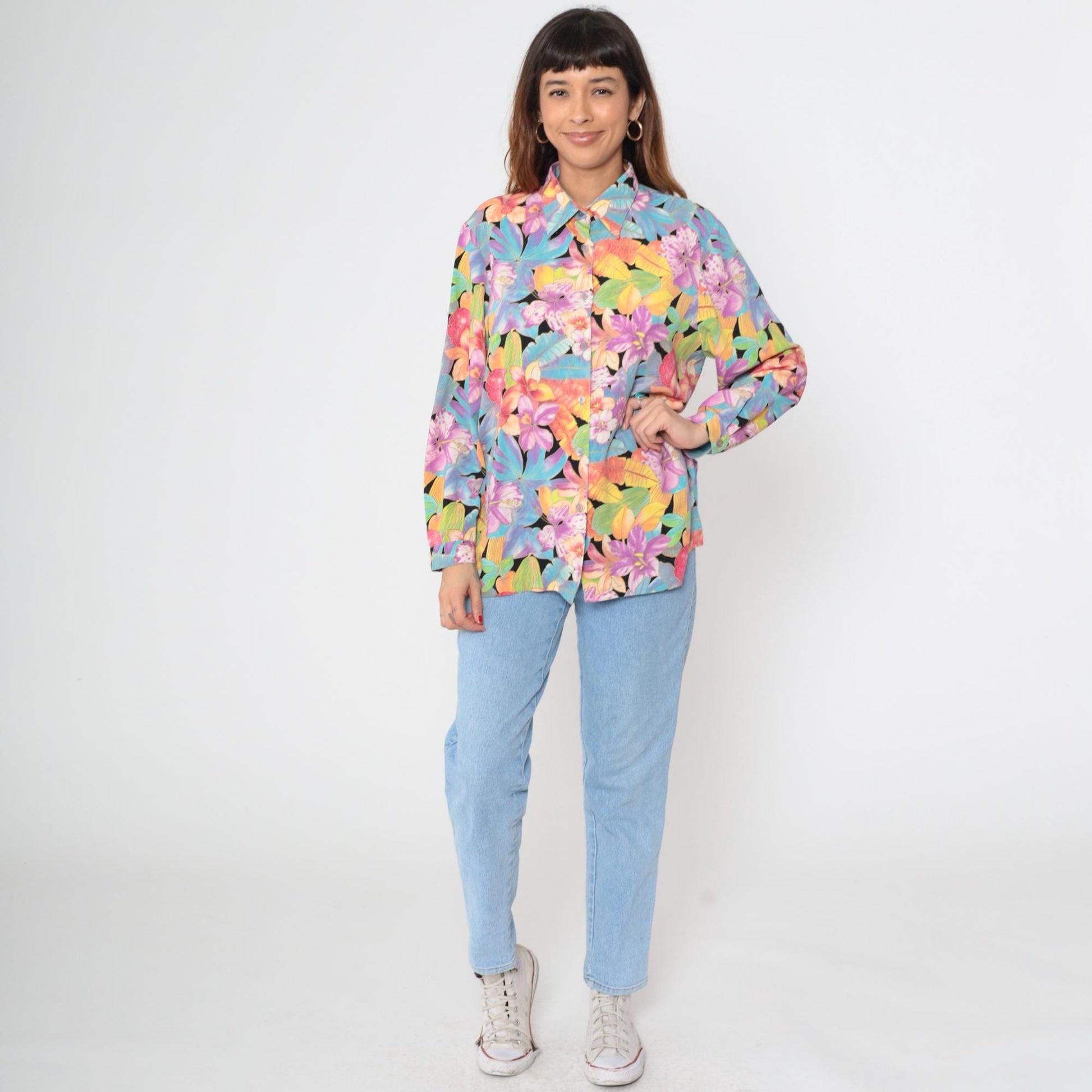 90s Tropical Floral Button Up Blouse Purple Hibiscus Black Rayon Long Sleeve Large