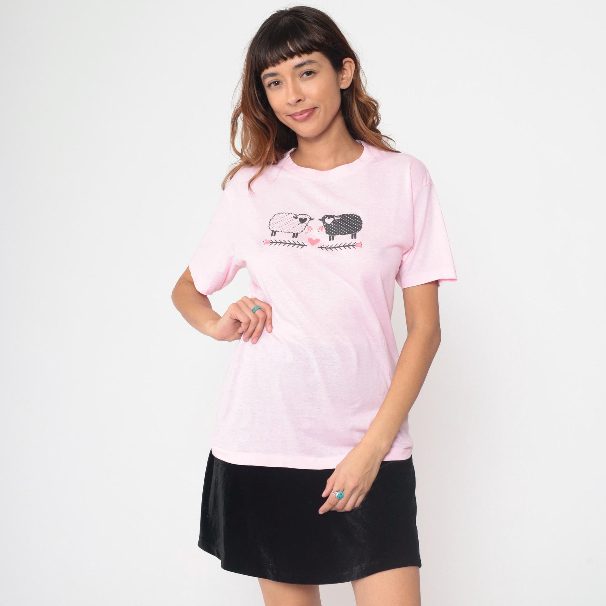 80s CHED Pink Sheep Graphic T-Shirt Cotton Blend Heart Print Large L