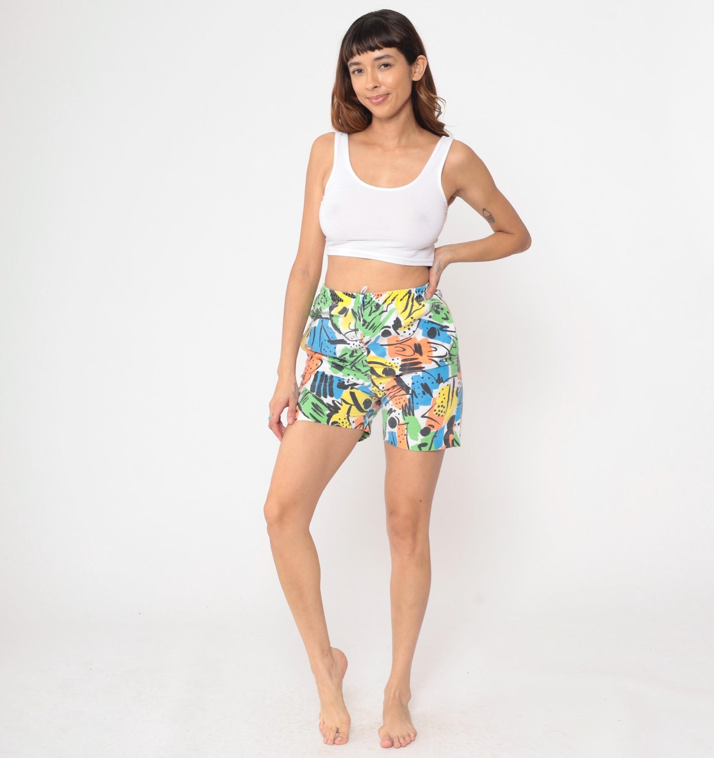 90s Abstract Print High Waisted Wide Leg Shorts Colorful Small S