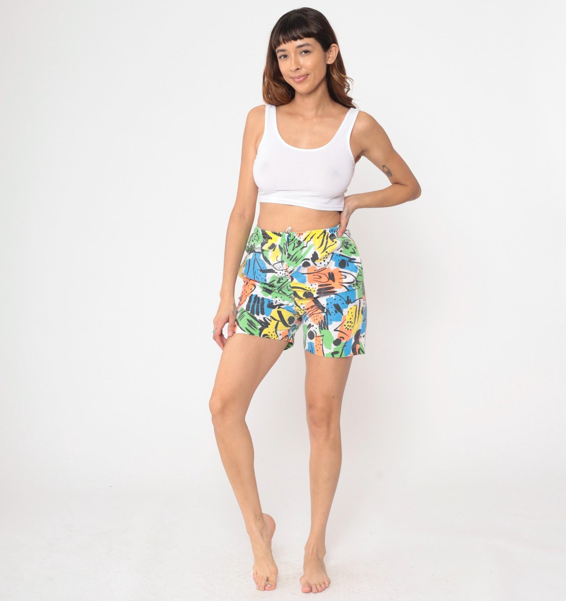 90s Abstract Print High Waisted Wide Leg Shorts Colorful Small S