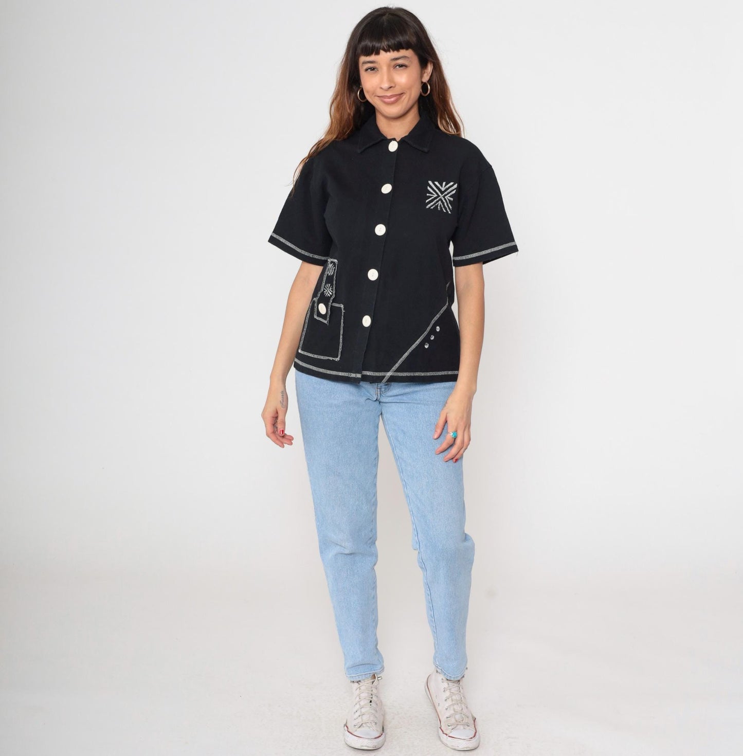 90s On The Rocks Black Button-Up Shirt White Stitching Southwest Geometric Small
