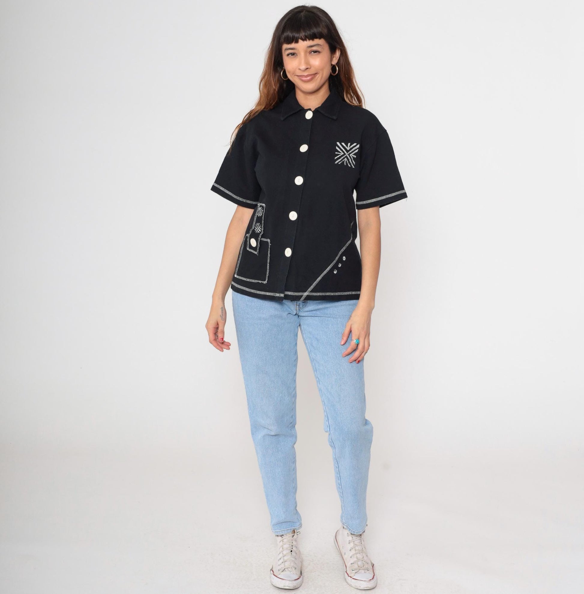 90s On The Rocks Black Button-Up Shirt White Stitching Southwest Geometric Small