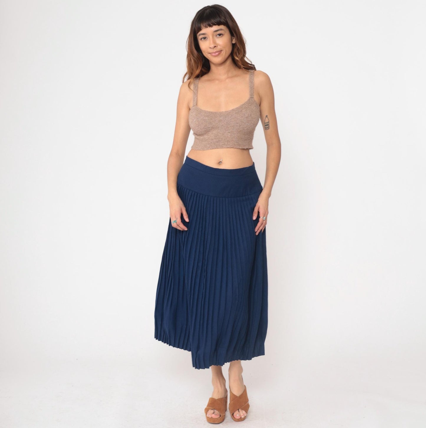 80s Saks Fifth Avenue Navy Wool Pleated Midi Skirt High Waisted Medium