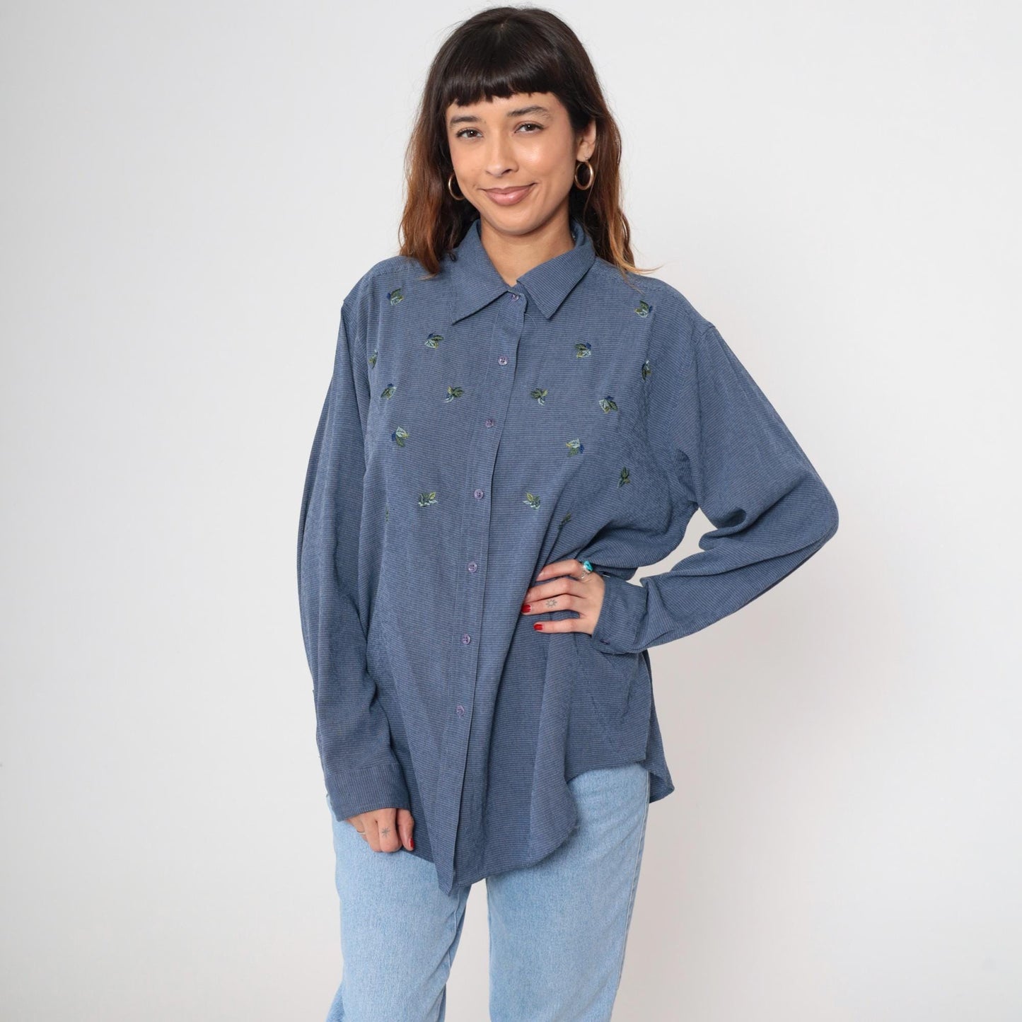 Y2K Blue Floral Button-Down Shirt Long Sleeve Pointed Collar Extra Large