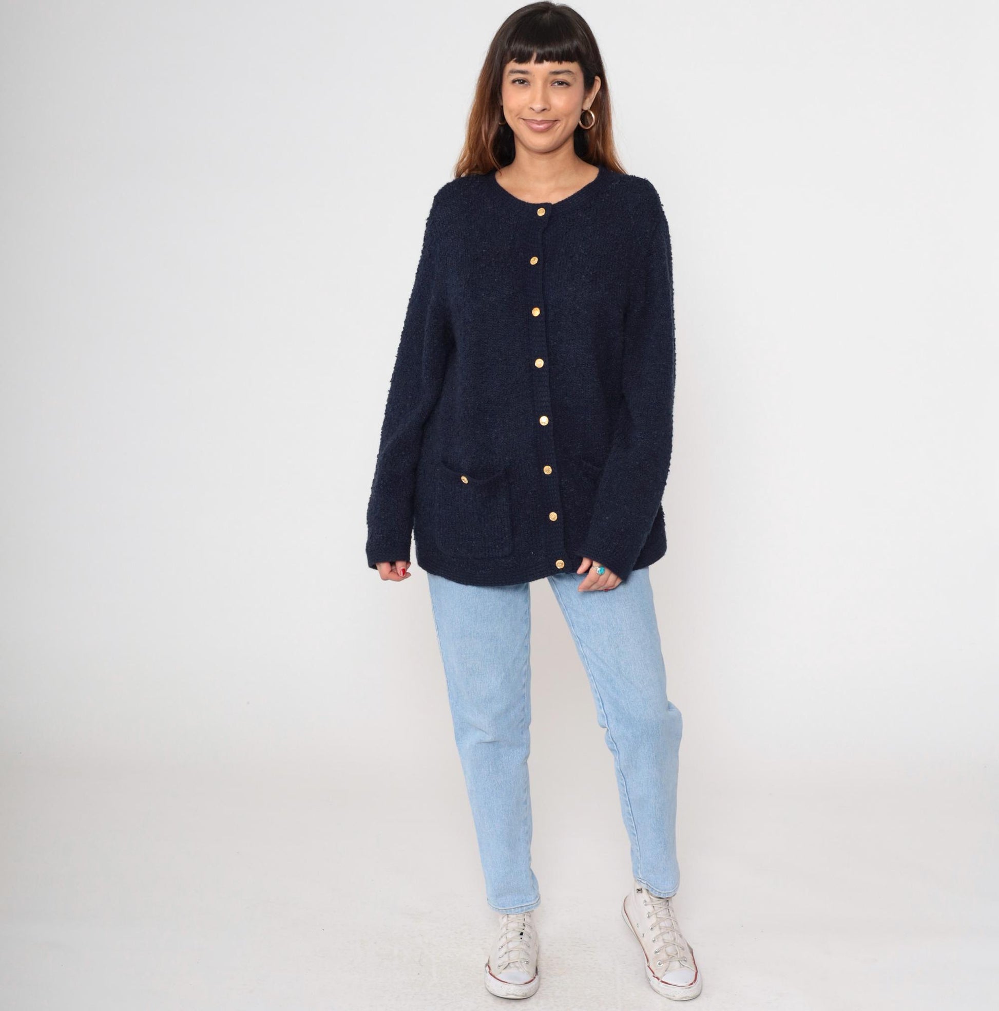 80s Blair Boutique Navy Cardigan Chunky Knit Gold Buttons Large L