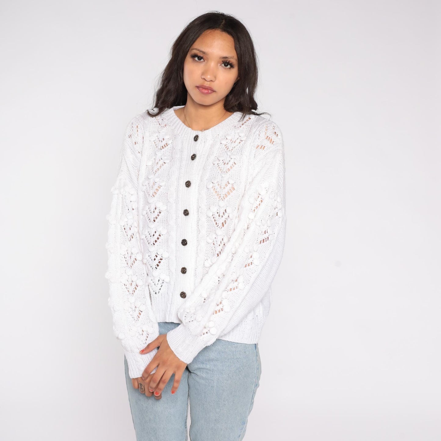 80s White Eyelet Crochet Cardigan Button-Front Scalloped Lace Large L