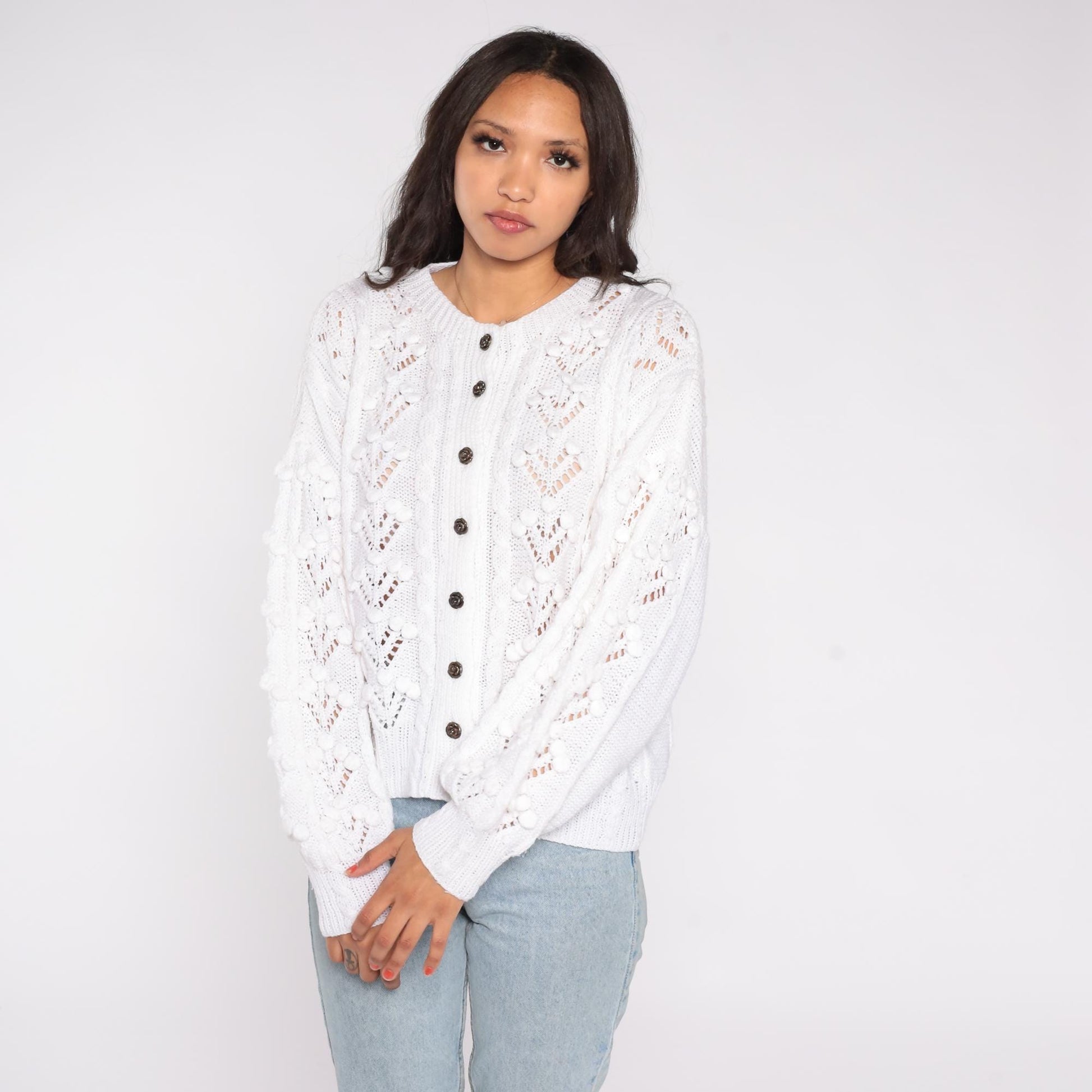 80s White Eyelet Crochet Cardigan Button-Front Scalloped Lace Large L