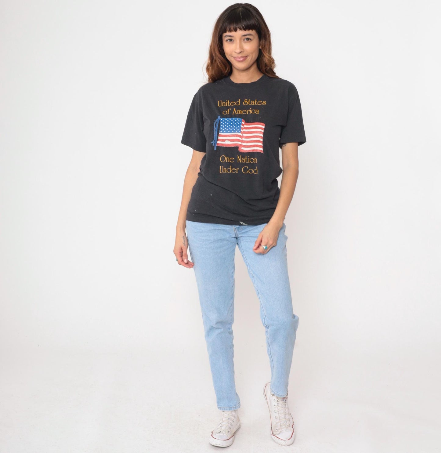 90s Hanes American Flag Graphic Tee Black Cotton Single Stitch Medium