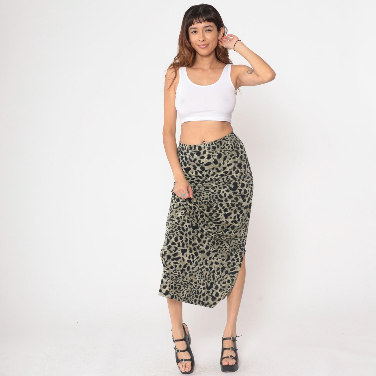 90s Impressions Leopard Print Maxi Skirt High Waist Black Olive Small S