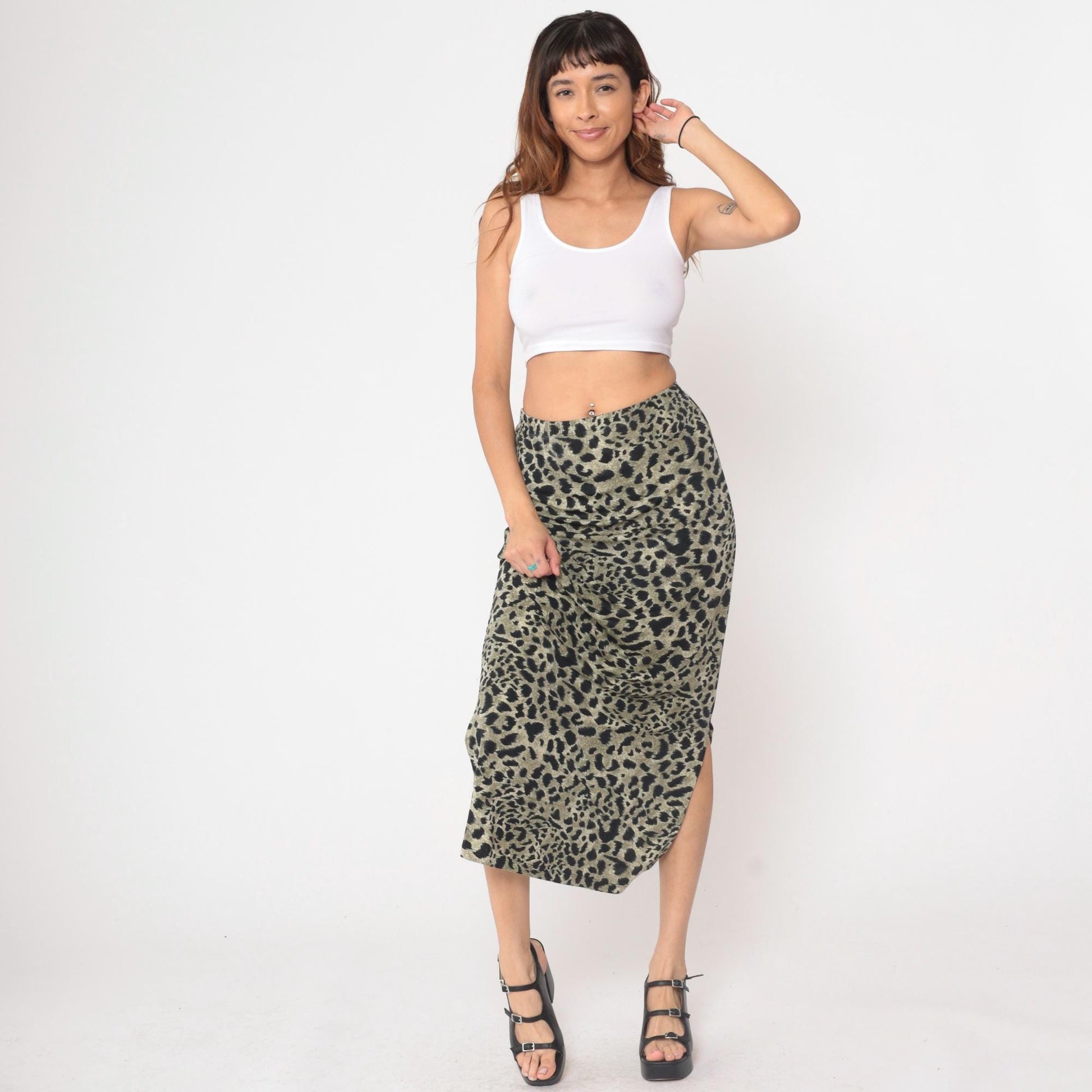 90s Impressions Leopard Print Maxi Skirt High Waist Black Olive Small S