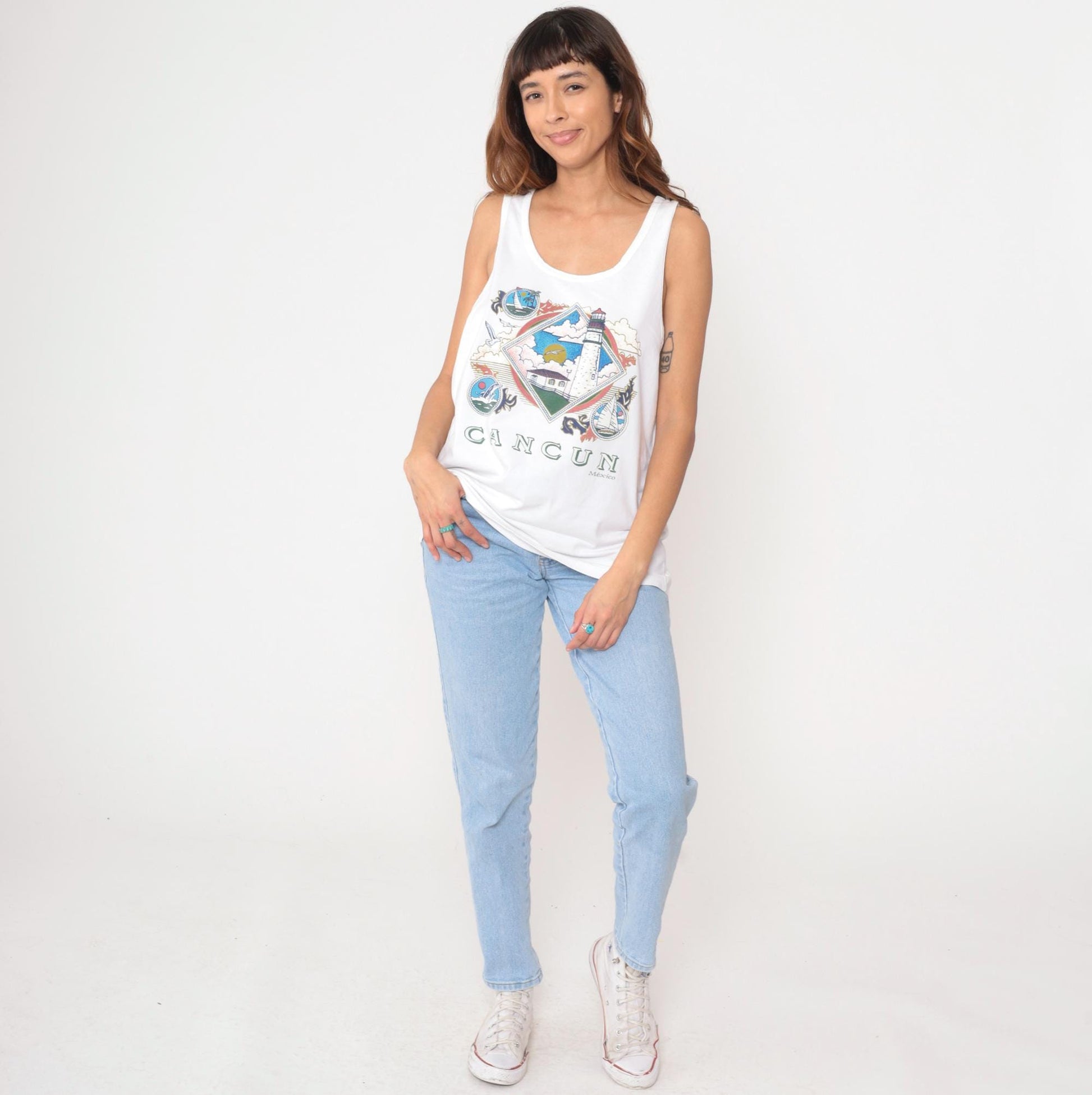 90s Cancun Mexico Tank Top White Lighthouse Sailboat Graphic Large L