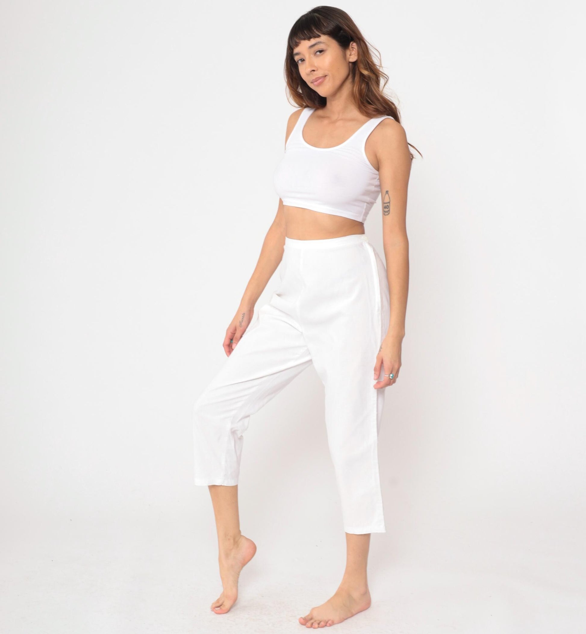 60s White High-Waisted Cropped Pants Cotton Straight Leg Small