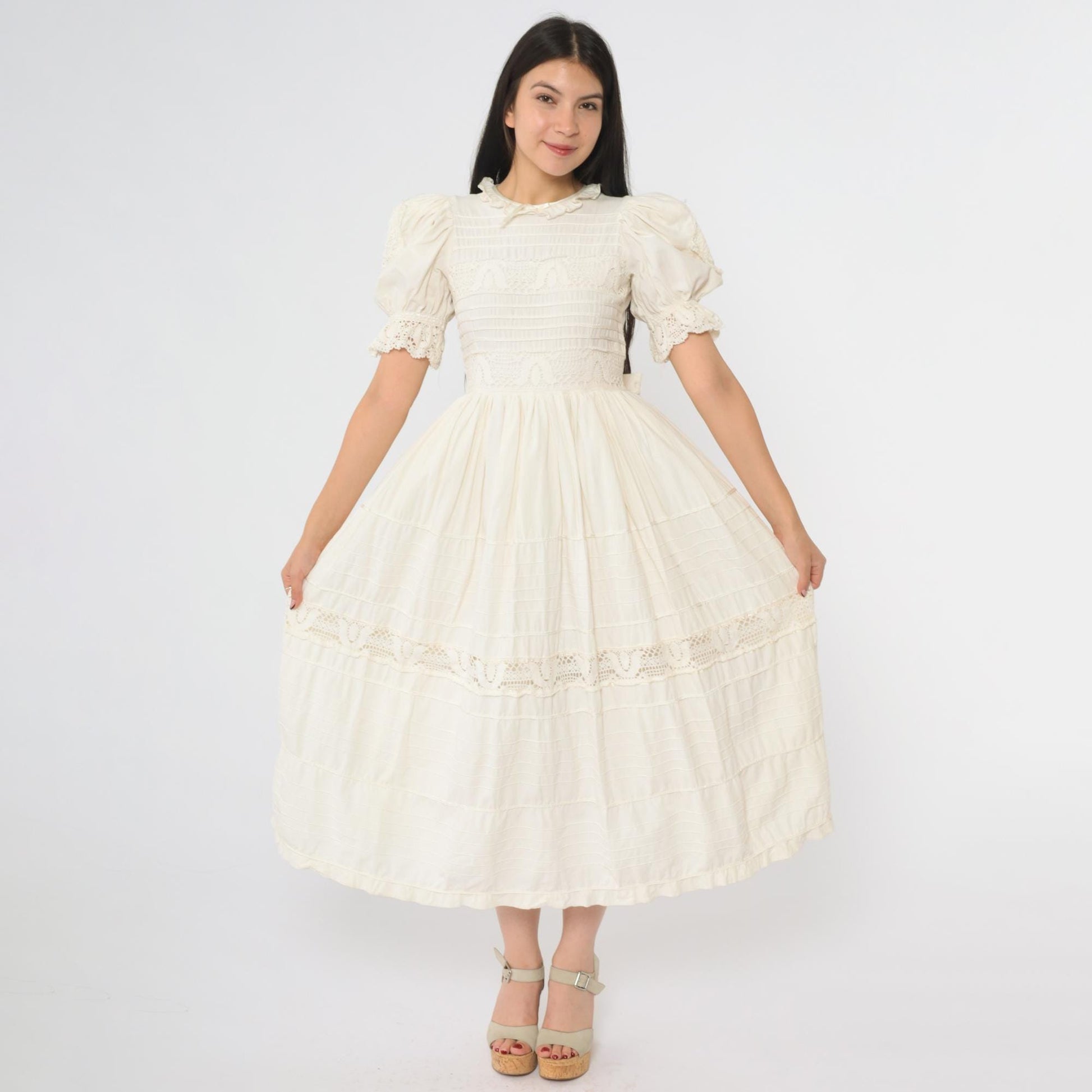 1980s Cream Lace Midi Dress Puff Sleeve Crochet Trim Ruffle Collar Extra Small XS