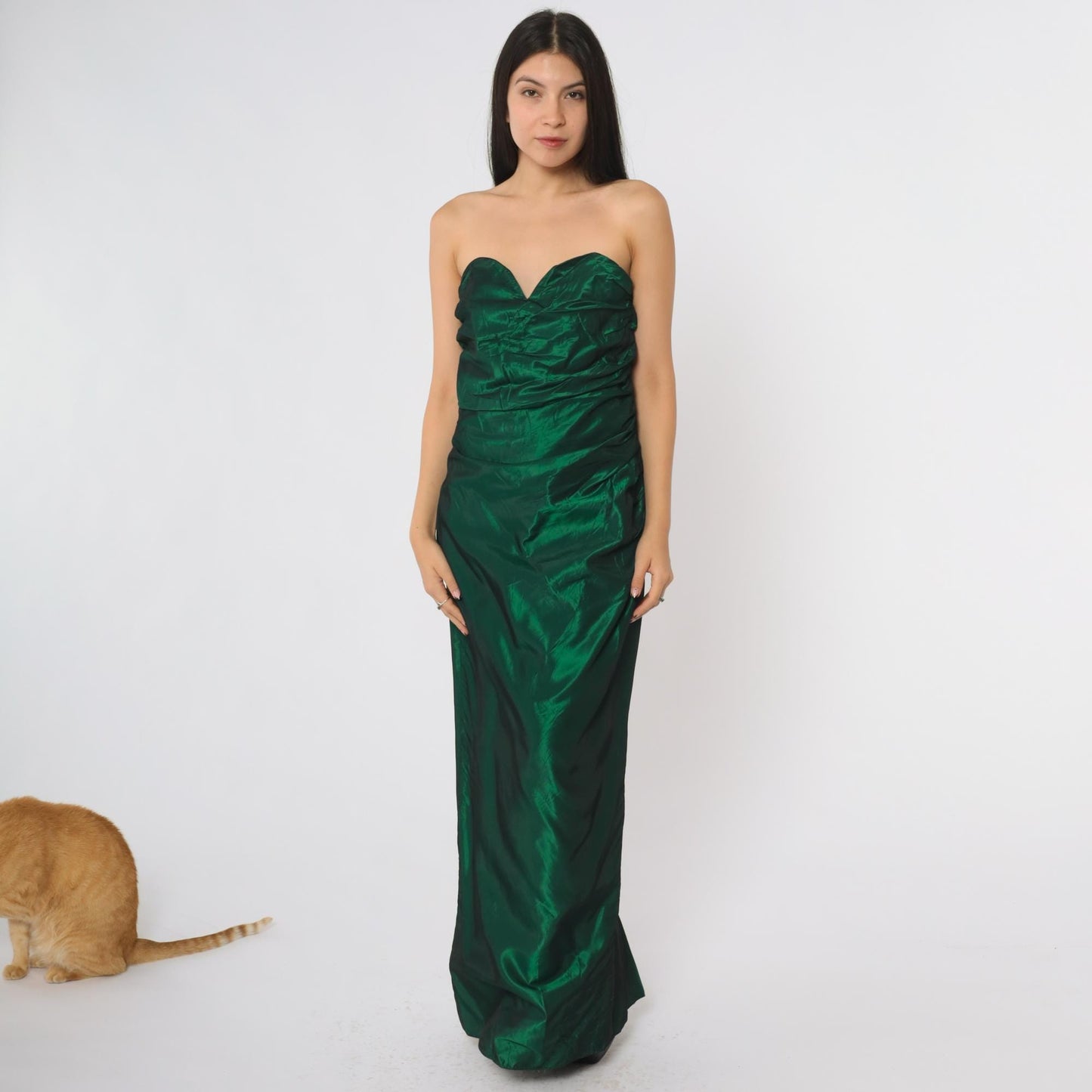 80s Alfred Angelo Green Strapless Formal Gown Sweetheart Ruched Bodice Medium M