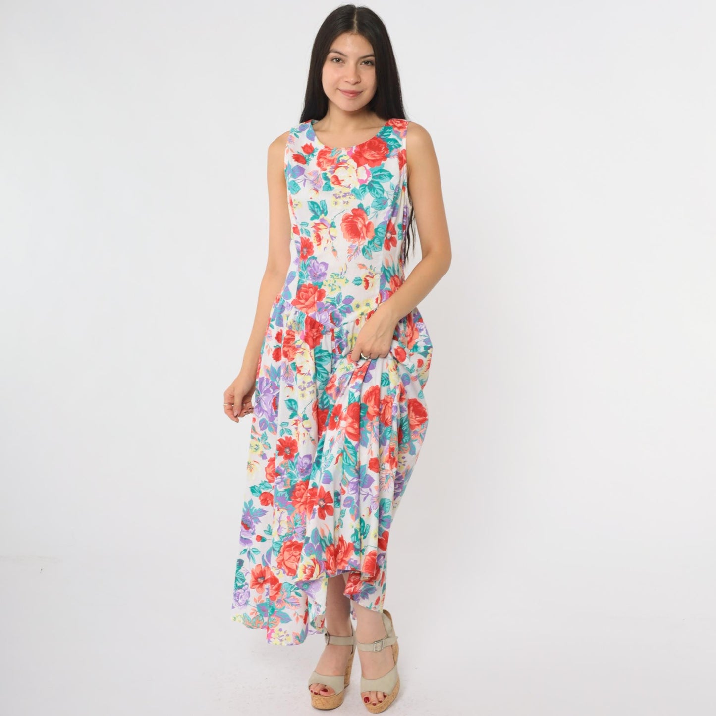 80s Eber San Francisco Floral Maxi Dress Sleeveless Tiered Skirt Medium
