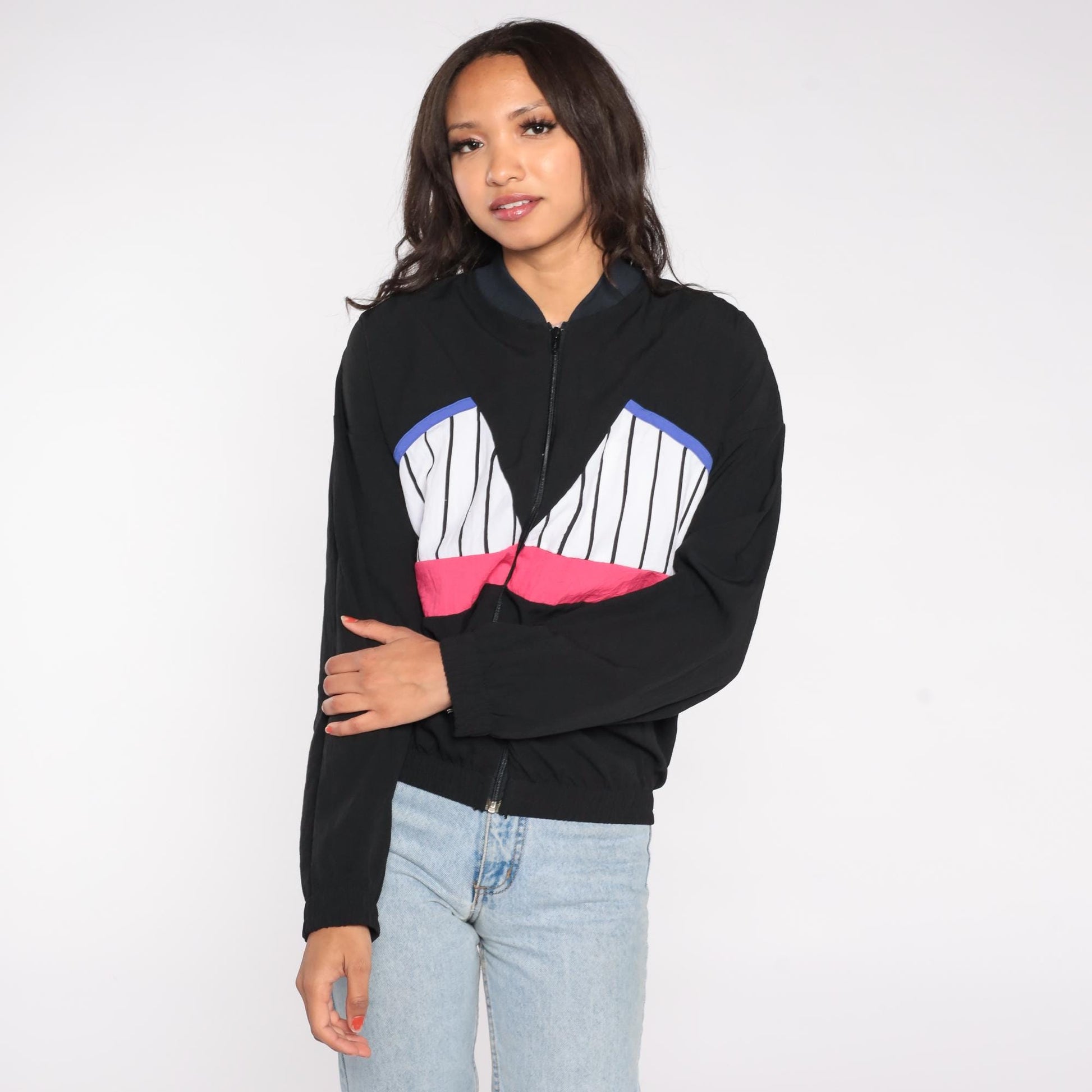 90s USA Sport Club Track Jacket Black Colorblock Striped Windbreaker Medium